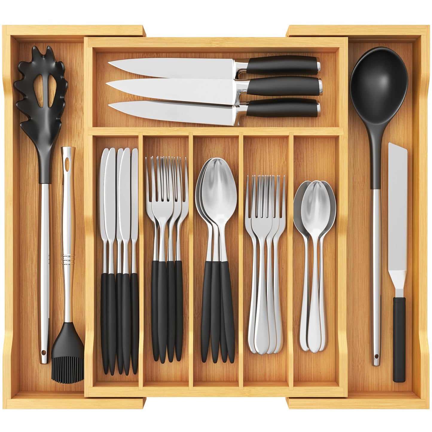Lifewit Silverware Drawer Organizer, Expandable Utensil Tray for Kitchen, Flatware and Cutlery Holder, Wood Adjustable Storage for Spoons Forks Knives, 13-22x15/ 33-56x38cm, Natural