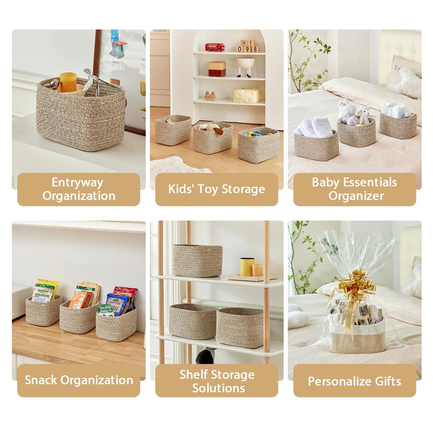 R RUNKA Small Cotton Rope Basket – Storage Bin for Organizing (10.6" x 6.7" x 6.7"), Bathroom Storage Basket for Shelf, Counter & Closet（Beige）