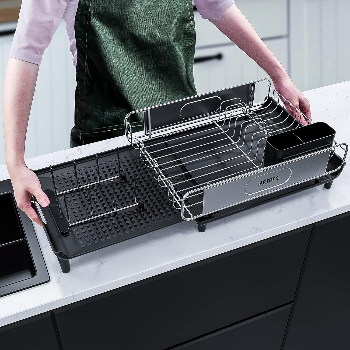 Skiennix Dish Drying Rack - Expandable Stainless Steel Strainer with Drainboard | Large Capacity, Glass & Utensil Holder