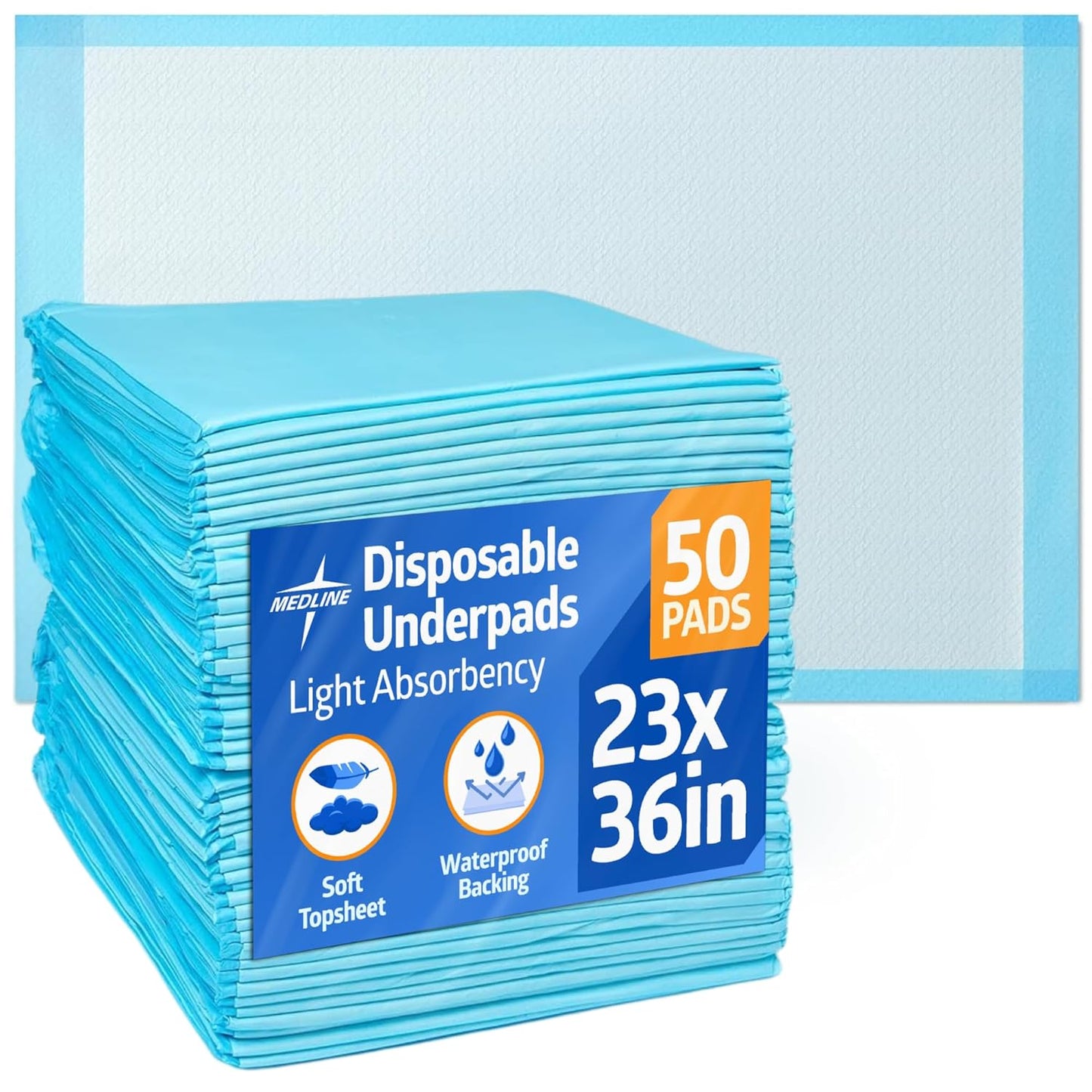 Medline Light Absorbency Underpad - Disposable Bed Protection for Incontinence | 23" x 36", 50 Count