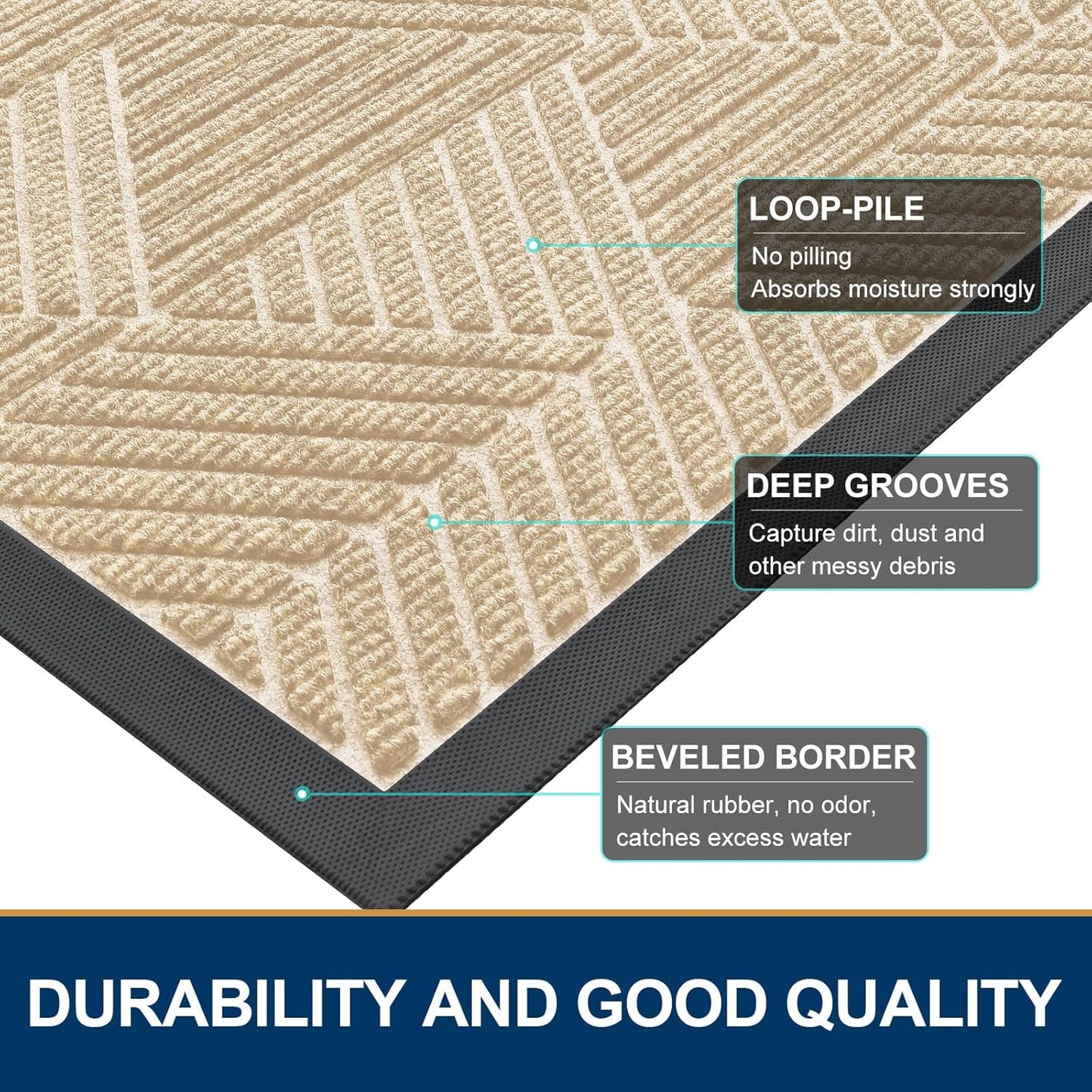 Smiry Heavy-Duty Natural Rubber Front Door Mat - Irregular Triangle Design | Easy Clean, 29.5x17 Inches, Beige