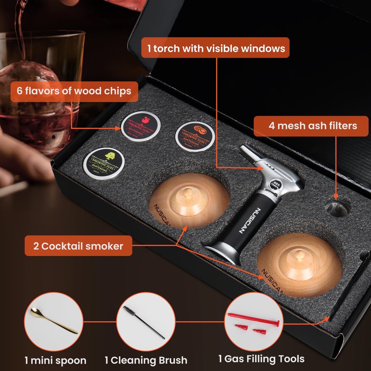 Cocktail Smoker Kit with Torch, 6 Flavors Wood Chips for Whiskey and Bourbon, Old Fashioned Smoker Kit for Infused Cocktail, Cheese, Salad and Meats, Gifts for Men, Dad and Boyfriend (No Butane)