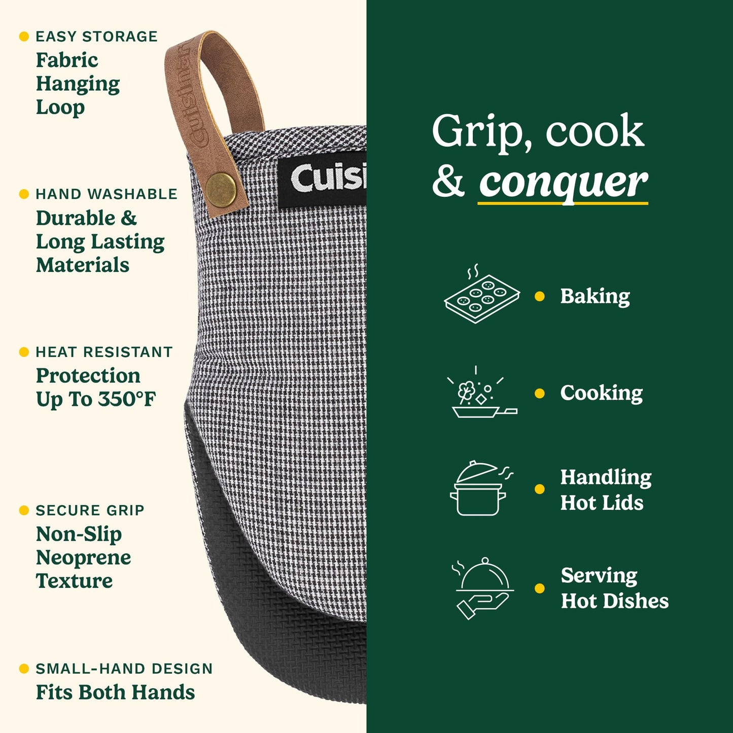 Cuisinart Heritage Mini Oven Mitts – 5.5” x 7” Heat-Resistant Kitchen Mitts for Oven with Non-Slip Neoprene Palm, Cotton Filling, and Faux Leather Loop – Durable Oven Mitt Set for Cooking & Baking
