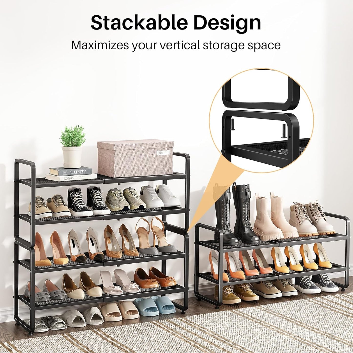 SNTD Shoe Rack - Expandable Shoe Organizer with Adjustable Metal Shelves | Black 2-Tier Storage for Closet & Entryway