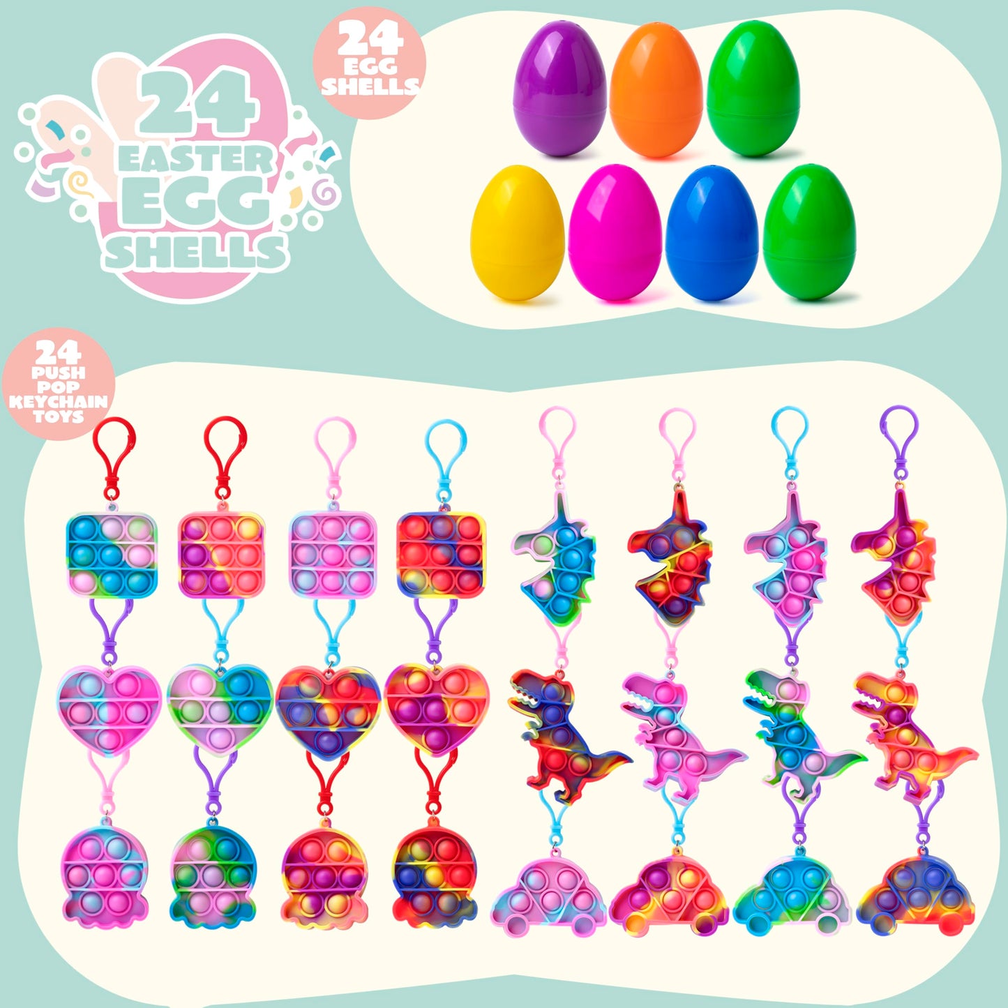 JOYIN 24 Pcs Pre Filled Easter Eggs with pop Keychain Toys for Easter Theme Party Favor, Pop Fidget Stress Relief Squeeze Bubble for Eggs Hunt, Classroom Exchange and Game Prize Supplies