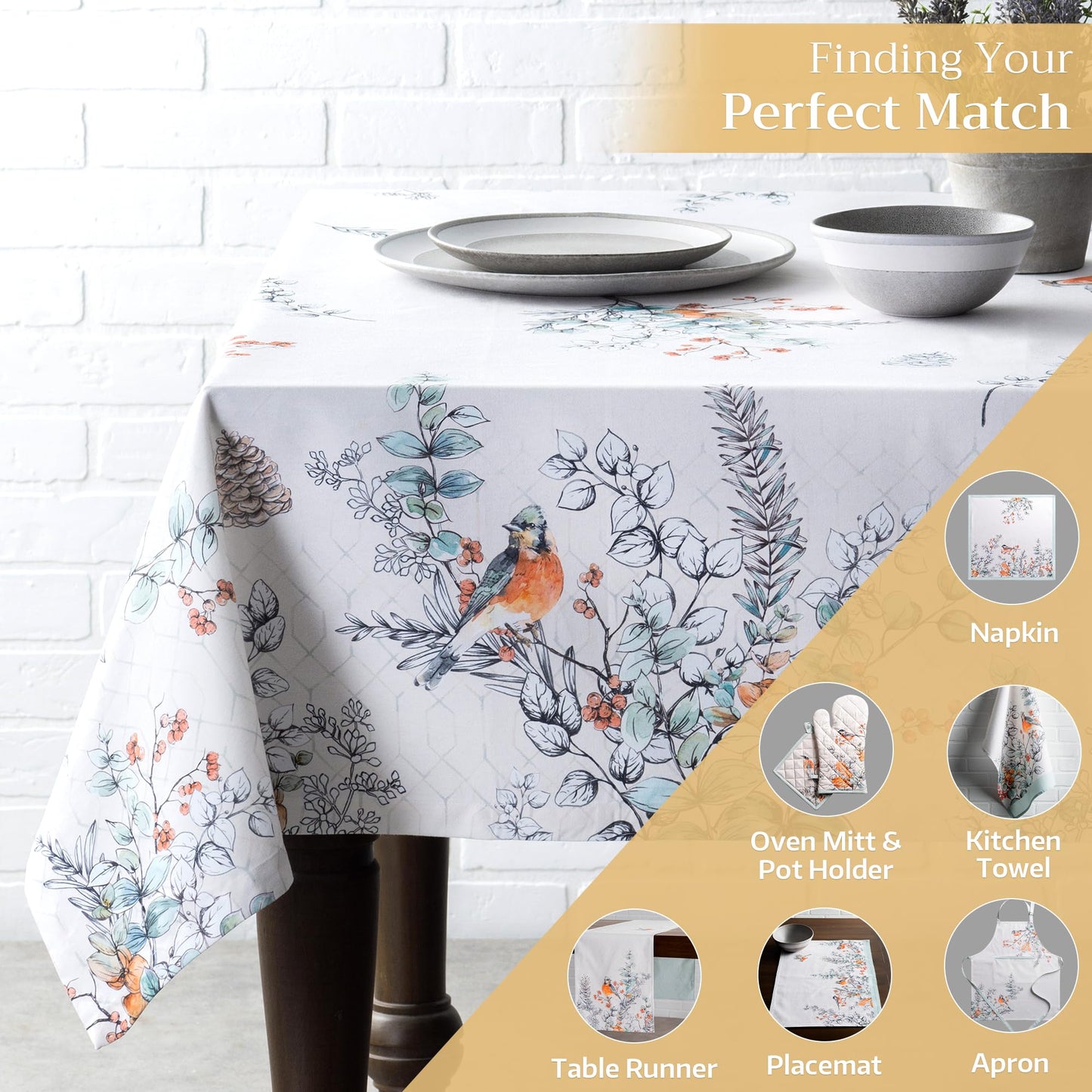 Maison d' Hermine Table Cloth Rectangle Table 100% Cotton 60 x 108 Inches Fall Tablecloth Reusable Everyday Use for Thanksgiving Christmas Decorations Dining Farmhouse Party (Whitish Shabby Chique)