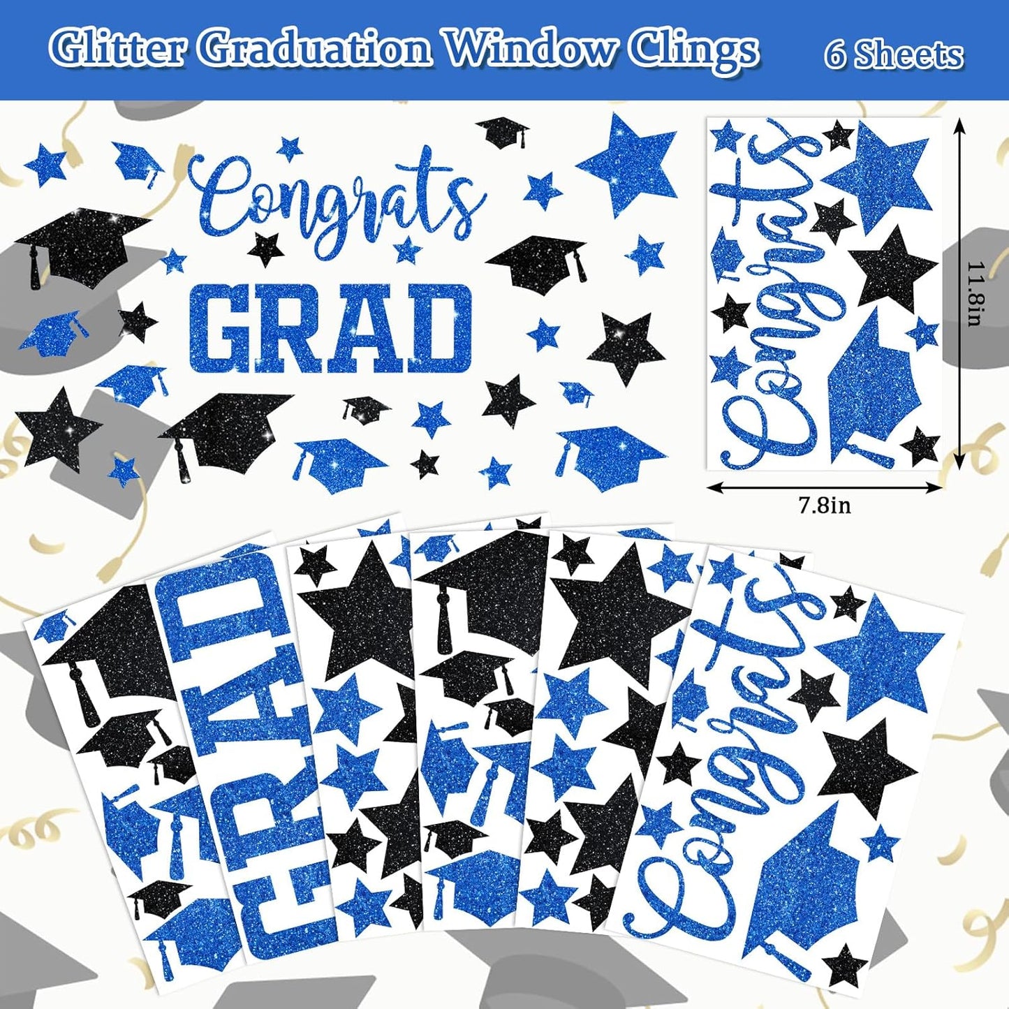 Whaline Glitter Graduation Window Clings - Reusable Blue & Black Decor for Home & School Celebrations