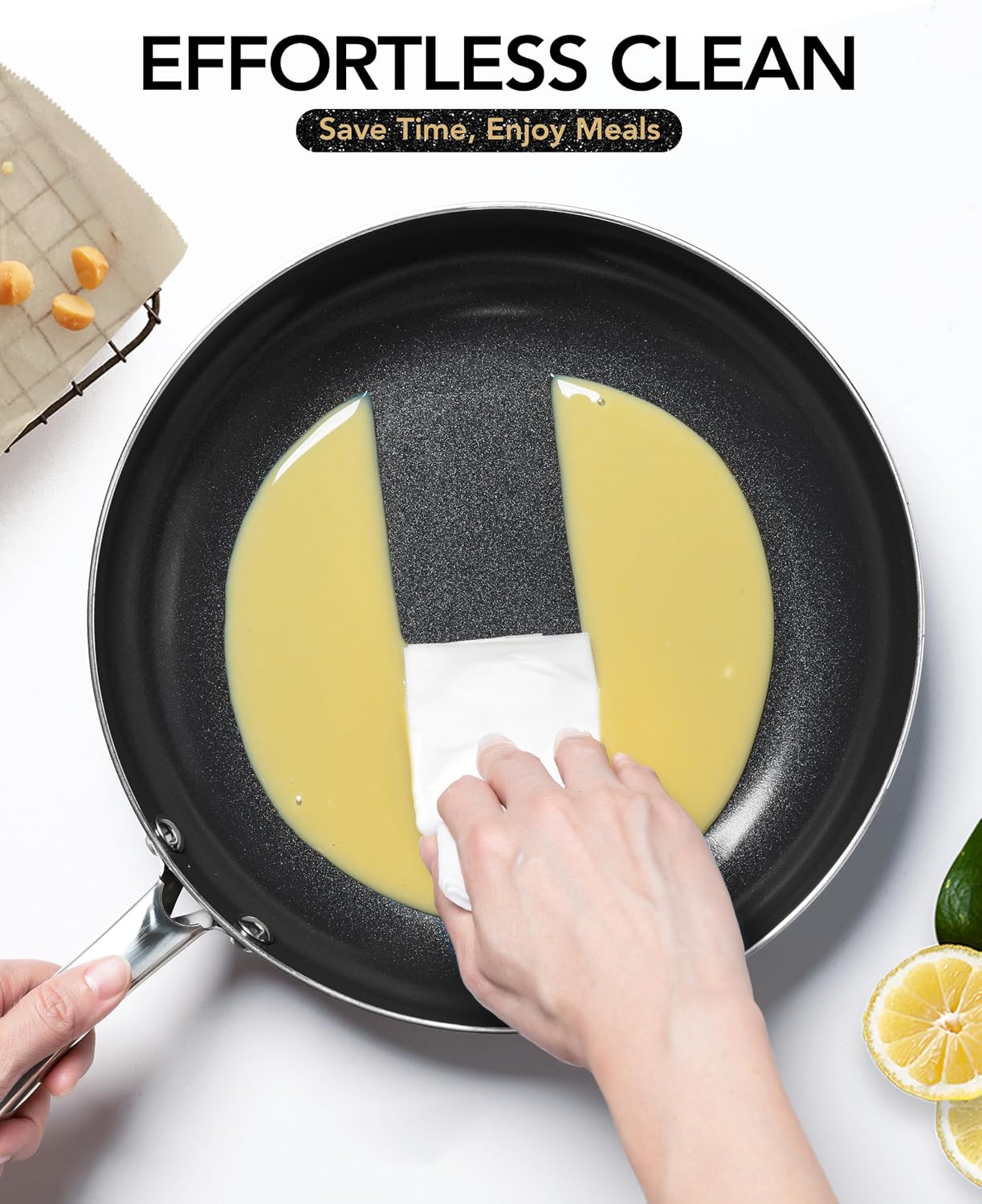 MICHELANGELO 8-Inch Nonstick Frying Pan - Non-Toxic Ceramic Skillet with Lid & Stainless Steel Handle | Black