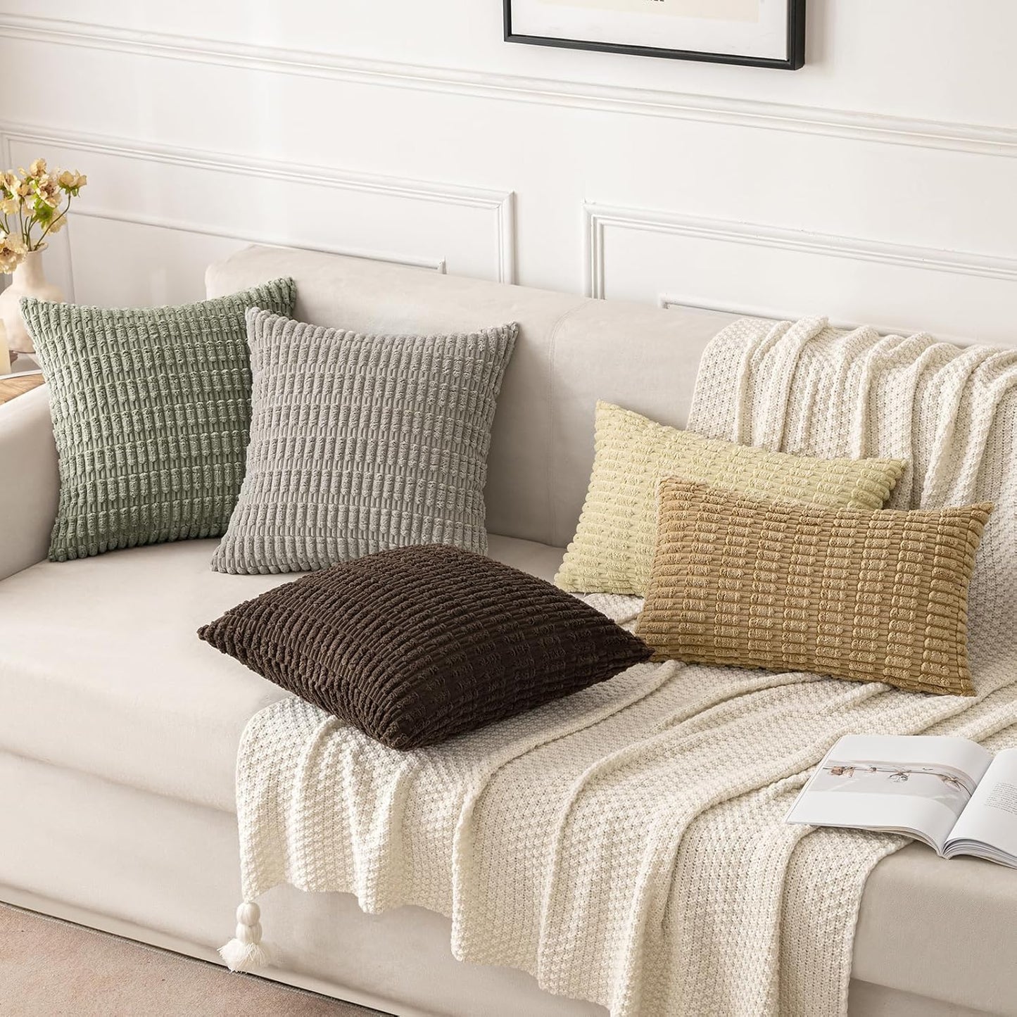 MIULEE Corduroy Throw Pillow Covers - Soft Boho Striped Design | 16x16 Inch Light Olive Green - Perfect for Modern Farmhouse Decor