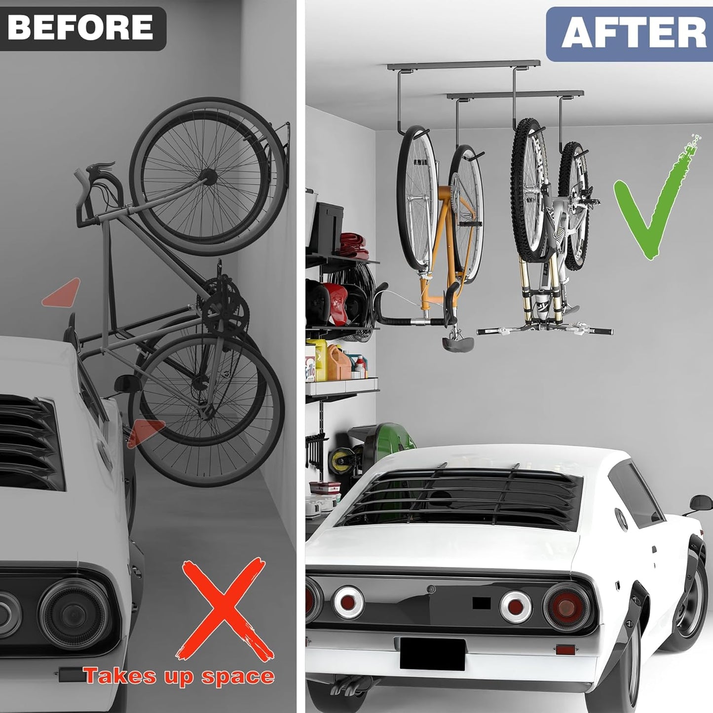 WALMANN Ceiling Mounted Bike Rack - Space-Saving Storage for 2 Bikes Horizontally or 4 Bikes Vertically