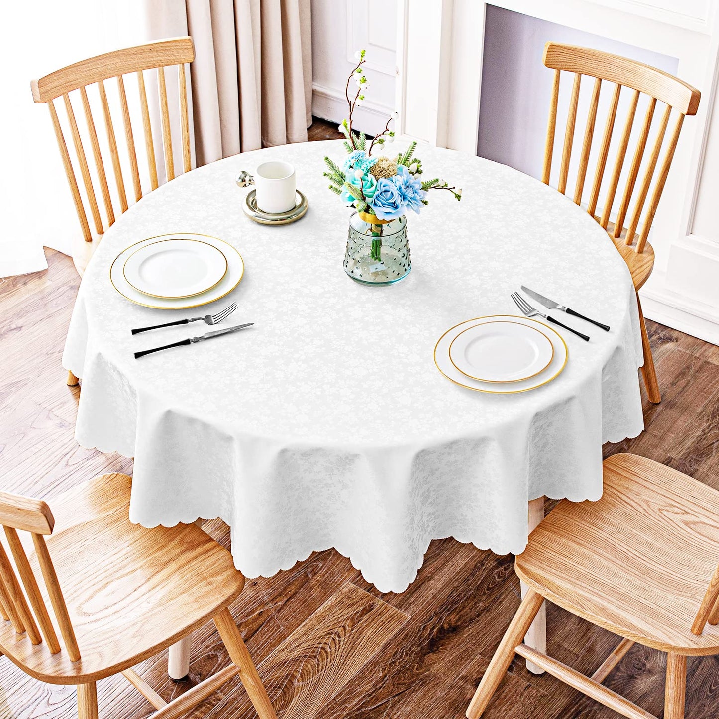 Smiry Round Table Cloth, Waterproof Heavy Duty Vinyl Tablecloths, Wipeable Washable Table Cover for Kitchen and Dining Room (White, 70" x 70")