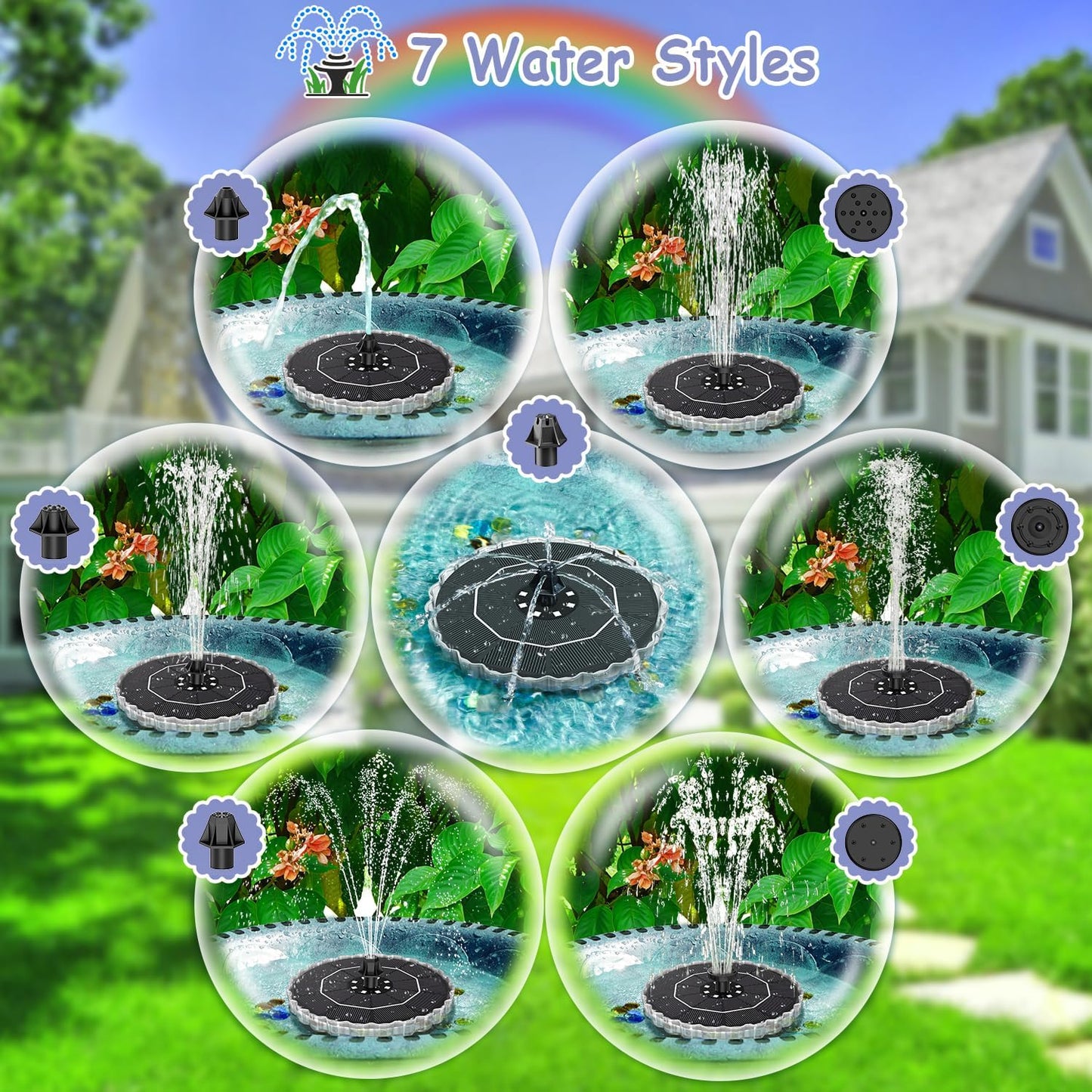 Yzert Solar Fountain - Colorful Ring Lights & 3.5W Pump with 2000mAh Battery | Ideal for Bird Baths, Ponds, Pools