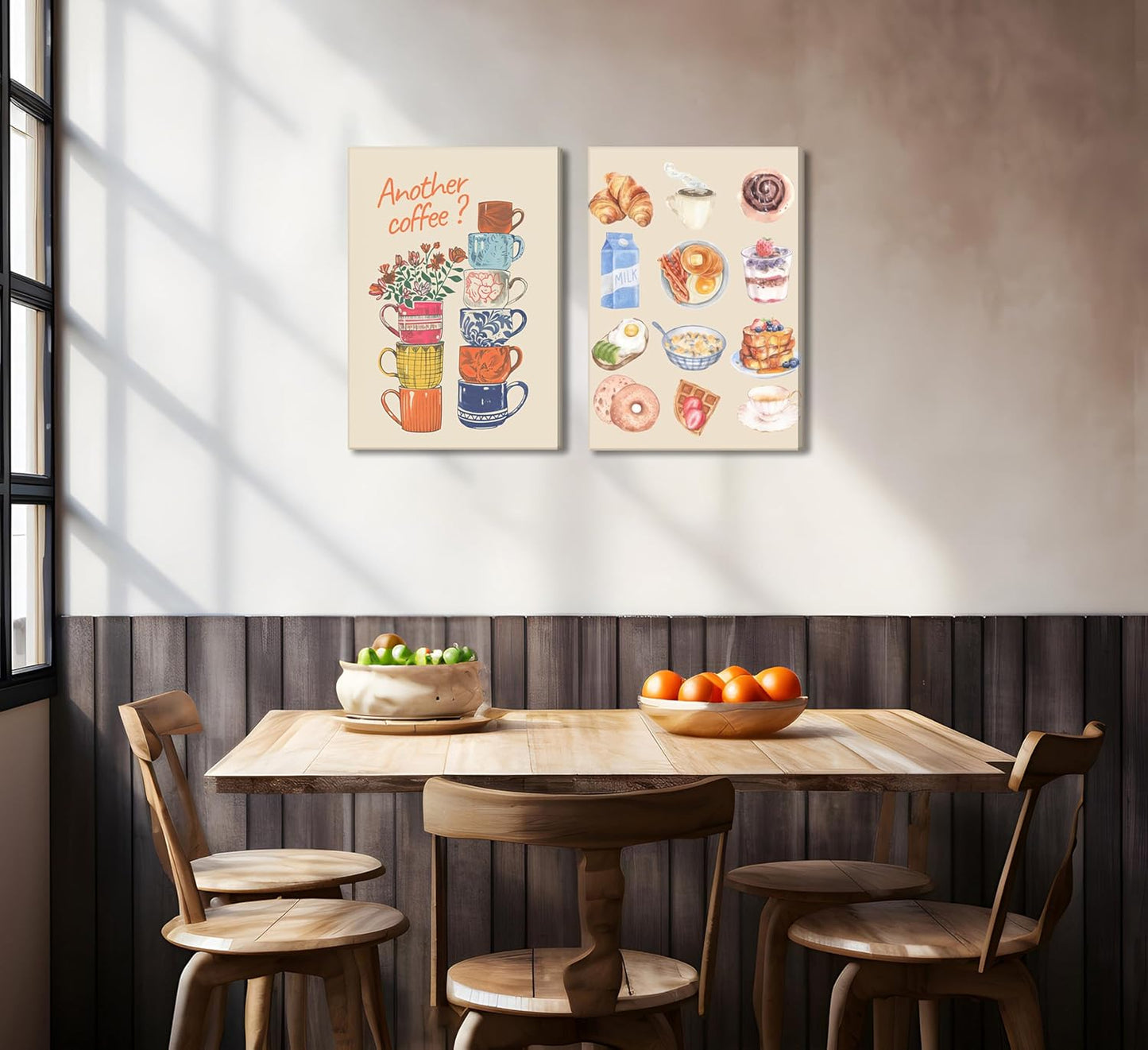 Skiennix Modern Coffee Canvas Wall Art - Colorful Croissant & Coffee Cups Print | Framed Dining Room Decor