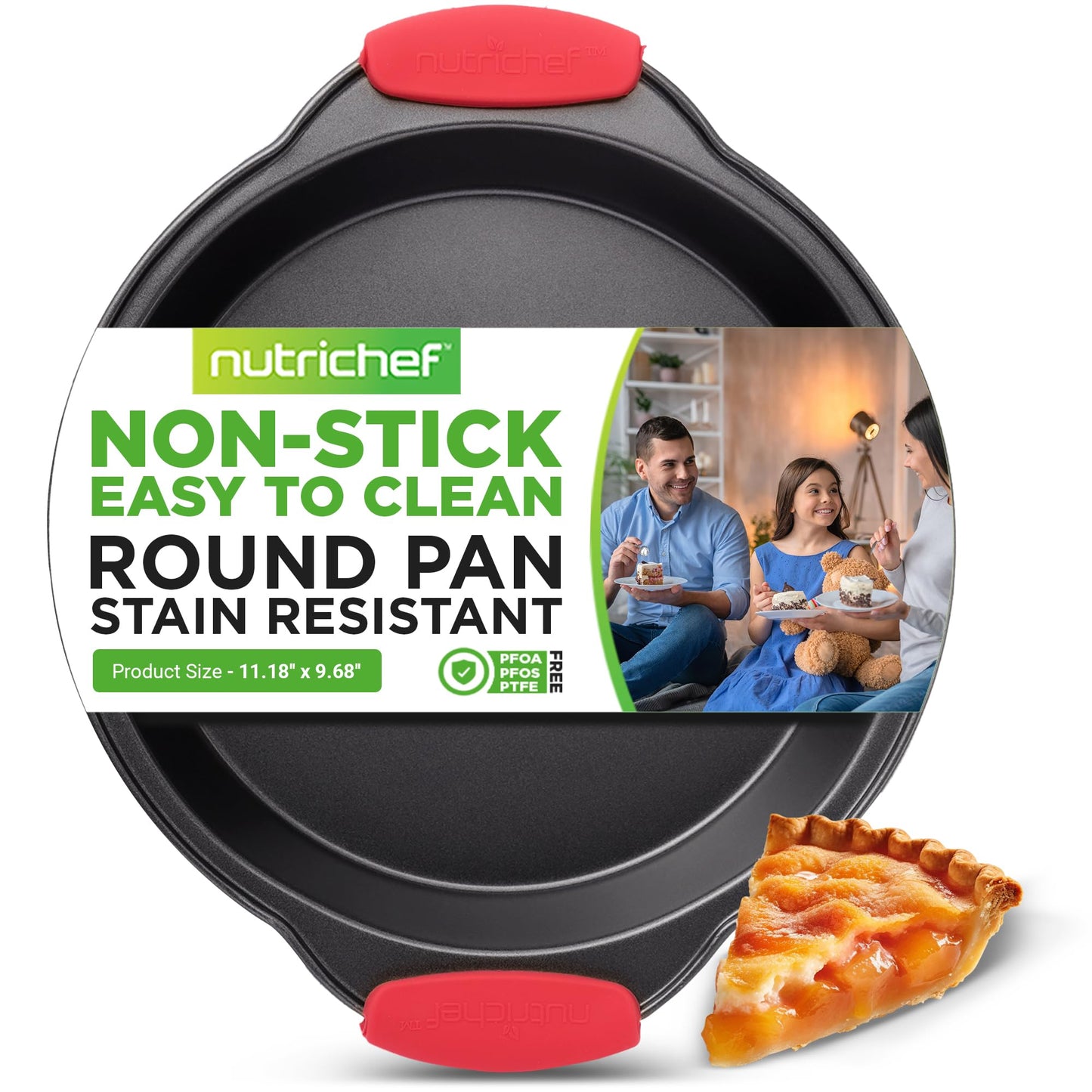 Nutrichef Non Stick Round Cake Pan, Kitchen Essential Metal Bakeware with Silicone Handles, Durable, Easy-to-Clean, Dishwasher Safe, PFOA, PFOS, PTFE Free, 9.68 Inch Baking Pan With Silicone Coating
