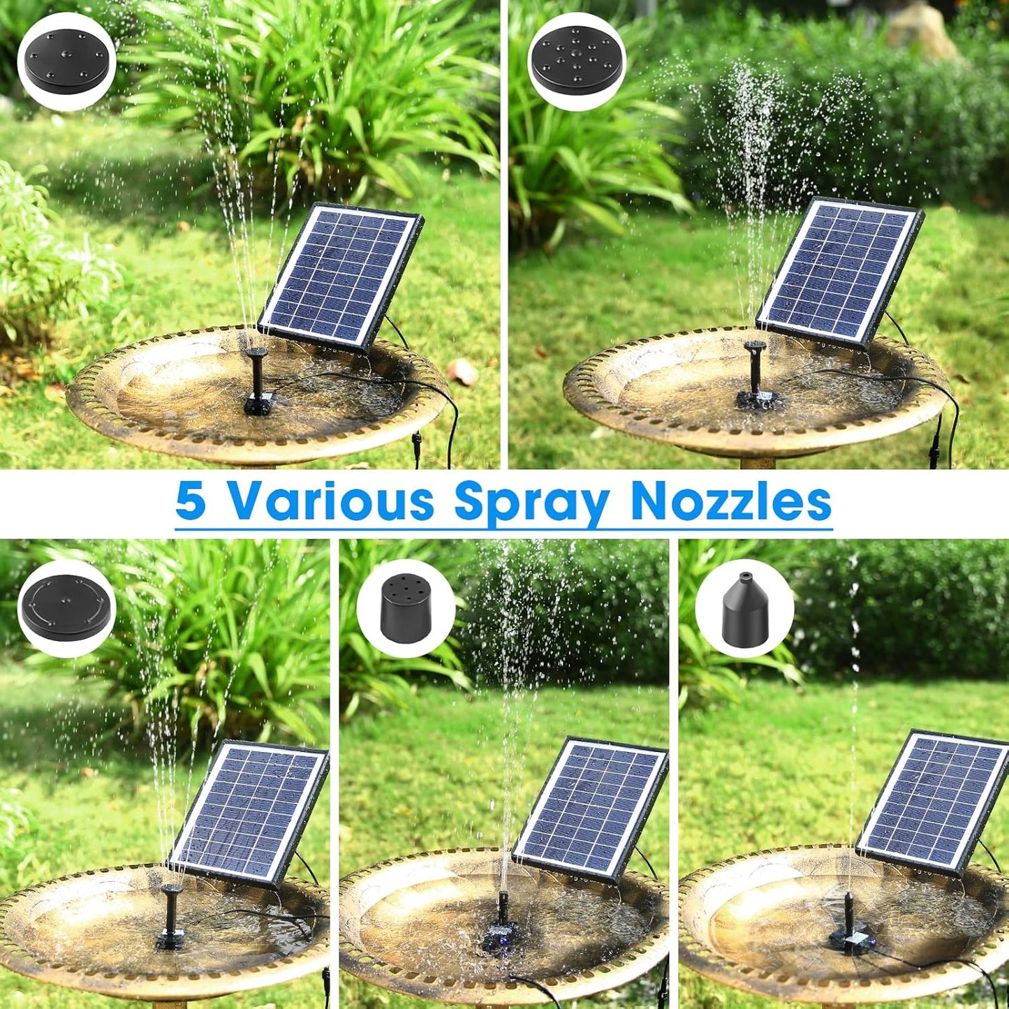 POPOSOAP Solar Bird Bath Fountain Pump - 6W Solar Water Pump with 4ft Tubing & 5 Nozzles for Garden, Ponds & Pools