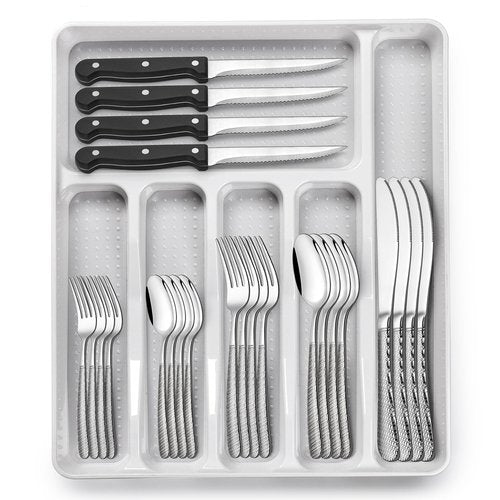 49-Piece Hammered Silverware Set with Organizer, Food-Grade Stainless Steel Flatware for 8, Cutlery Utensil Sets with Steak Knives, Rust-proof, Mirror Polished, Dishwasher Safe, Round Hammered