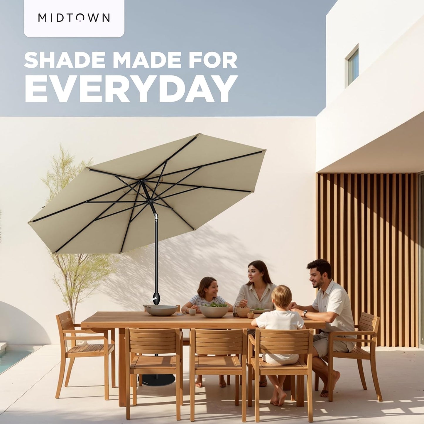 Midtown Umbrellas 9 Ft Patio Umbrella - 10-Year No-Fade Terylast Fabric, Auto-Tilt Frame | Chestnut Beige Canopy, Black Pole