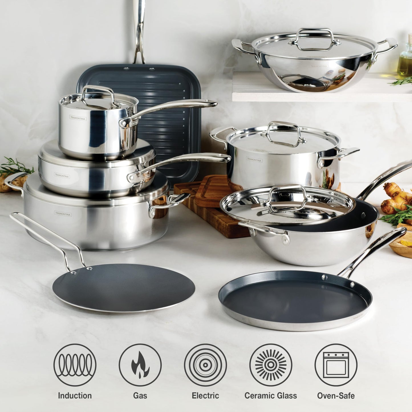 Tramontina Utsava Tri-Ply Clad Stainless Steel 4-Quart Kadai with Lid and Ceramic Non Stick Interior, Induction-Ready Large Kadhai Pot for Indian Cooking