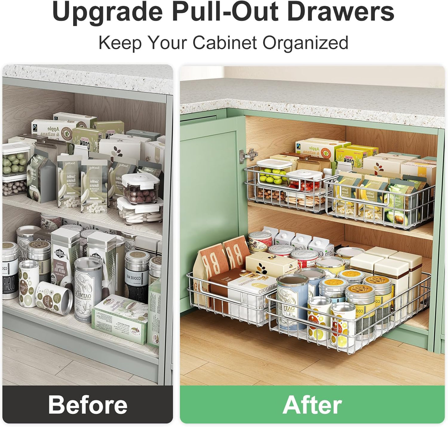 Skiennix Pull-Out Cabinet Organizer - Stainless Steel 4-Pack Drawer with Silent Slides | Spice Storage Rack for Kitchen & Pantry