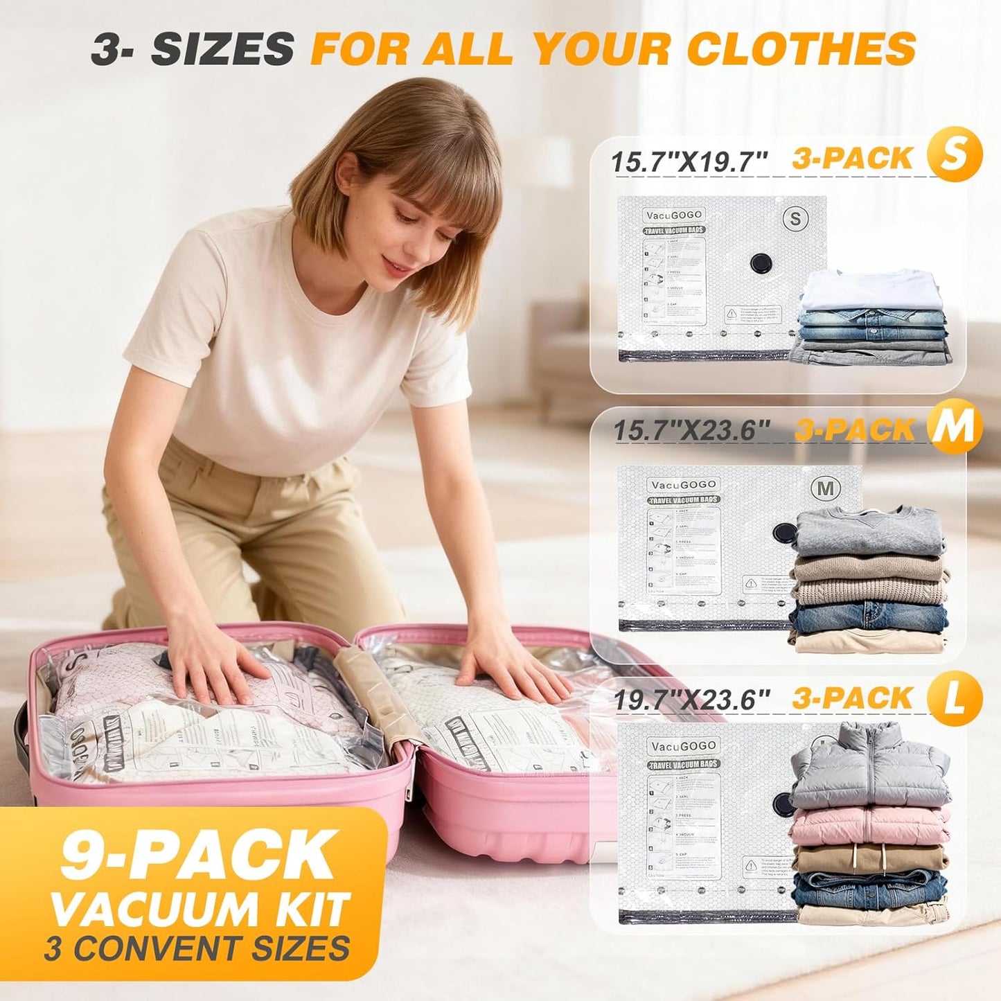 Travel Vacuum Storage Bags - Space-Saving Compression Bags with Electric Pump | Pack of 9