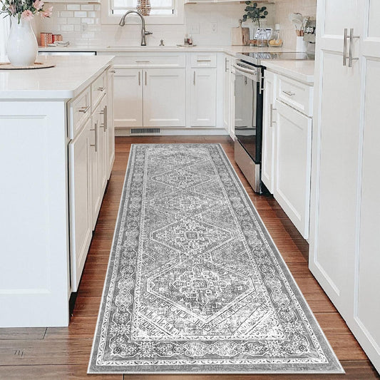 KUTA 3x8 Grey Oriental Area Rug for Living Room, Vintage Washable Kitchen Rugs Non Slip, Ultra Soft Printed Distressed Eastern Medallion Entry Runners Low-Pile Throw Carpet for Bedroom Decor