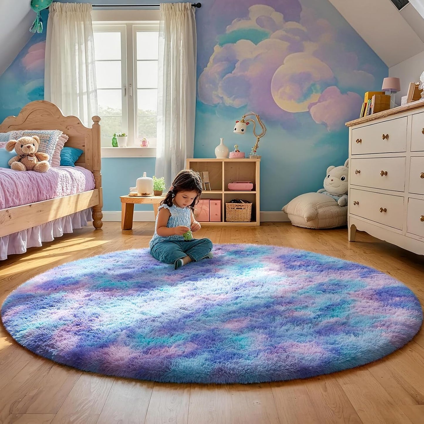 Ophanie Round Area Rug - 5Ft Tie-Dye Rainbow Purple | Fluffy Soft Shaggy Carpet for Kids' Rooms