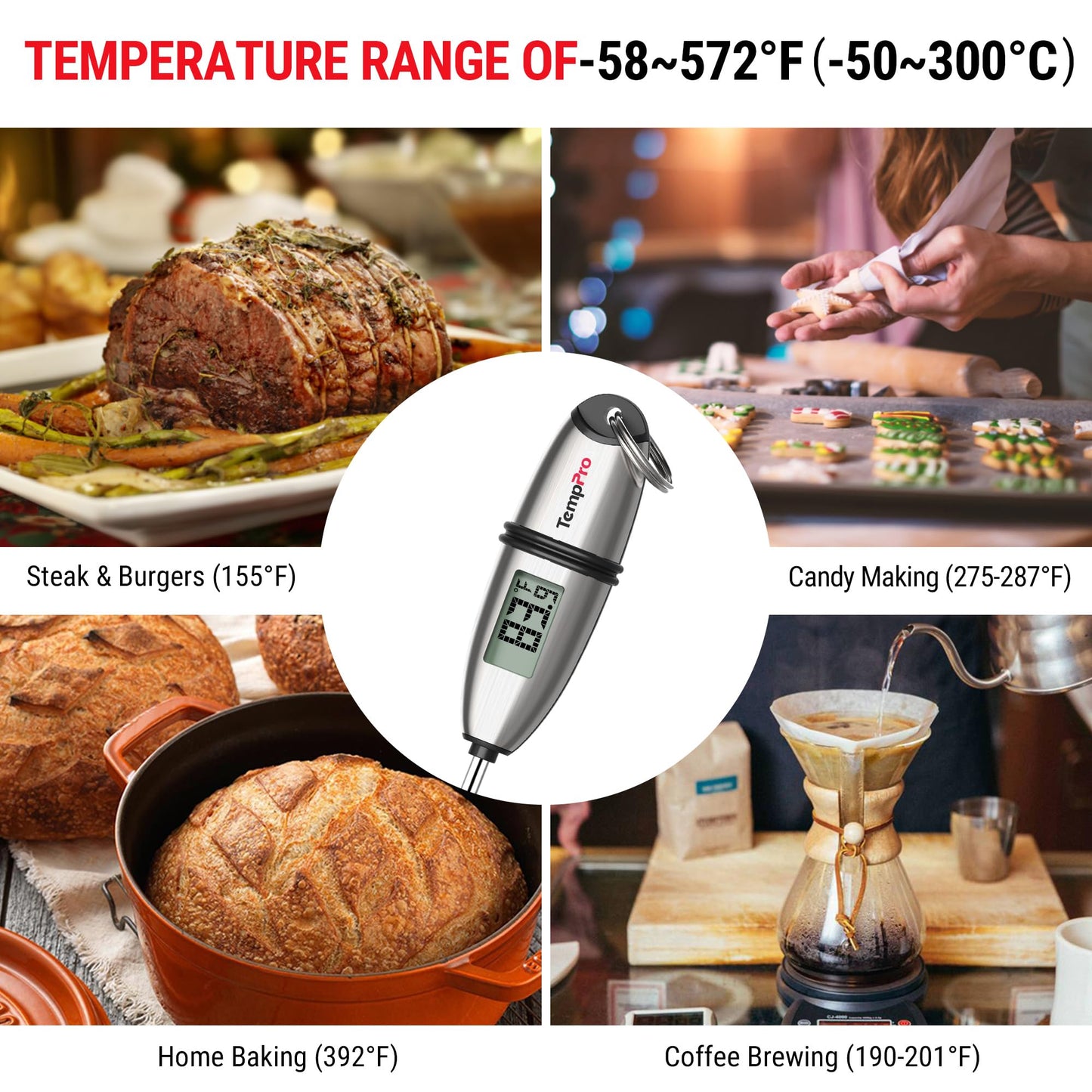 TempPro TP02S Digital Food Thermometer for Cooking Bread Baking Sourdough Liquids, Meat Thermometer Digital with Super Long Probe for Kitchen BBQ Yogurt Candy Making Accessory (Previously ThermoPro)