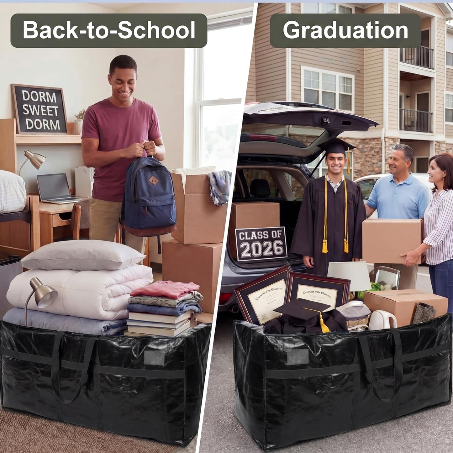 Skiennix 66 Gallon Extra Large Moving Bags - Heavy Duty Storage Tote with Strong Zipper Handle | Foldable Black Duffle for College Dorm & Travel