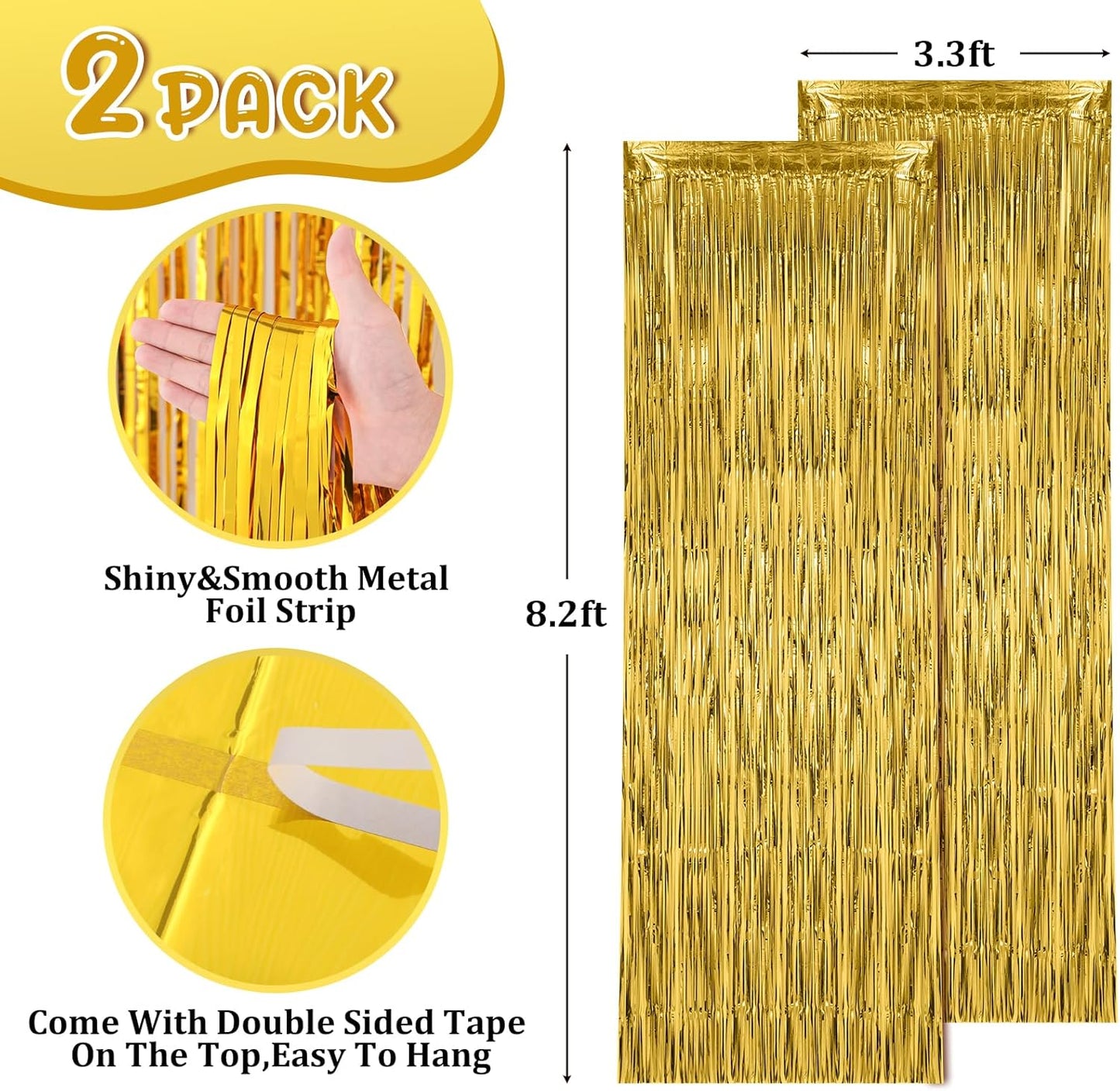 Voircoloria Gold Foil Fringe Backdrop Curtains - 2 Pack Tinsel Streamers for Parties & Events