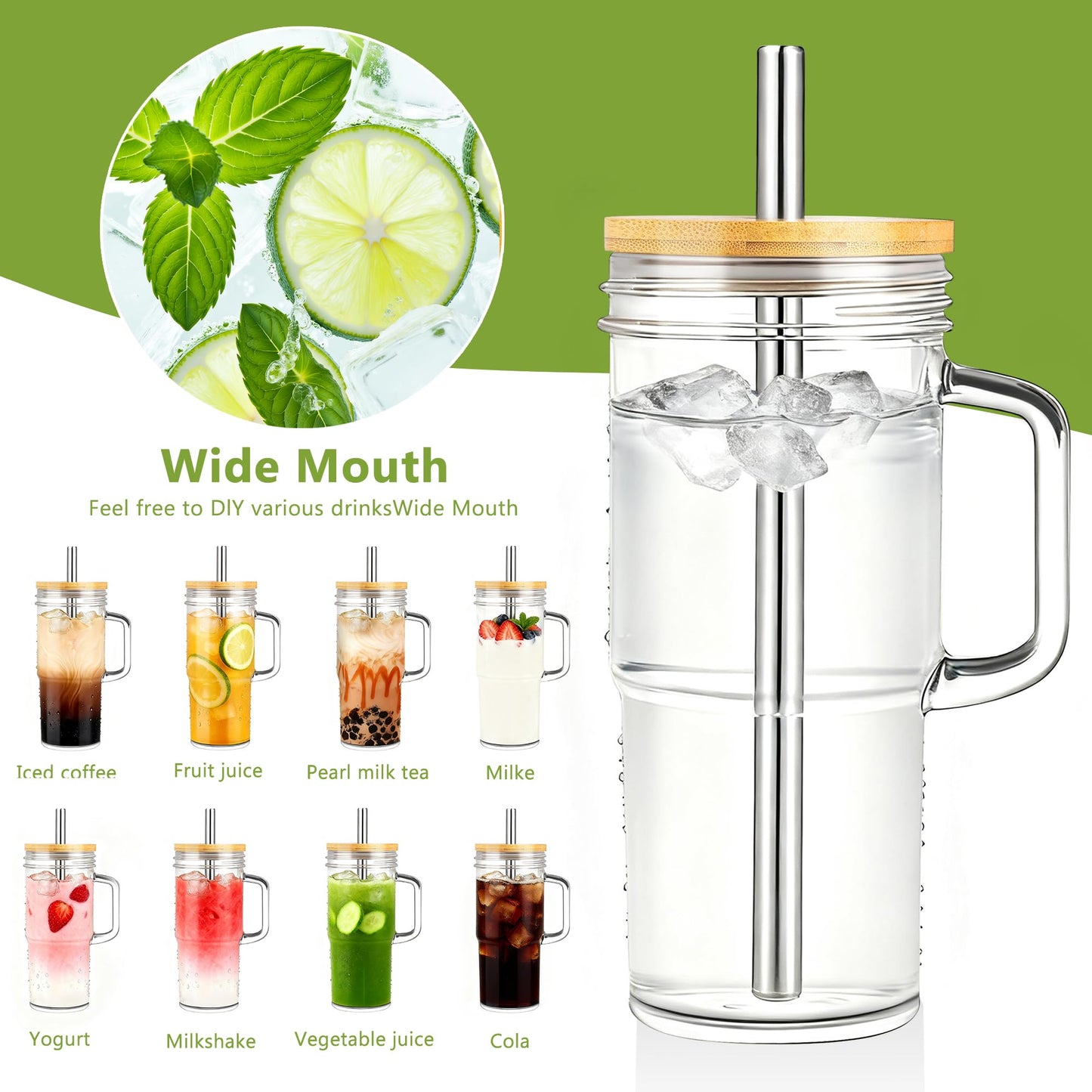 Birity 24oz Glass Cups with Lids and Straws,Glass Tumbler with Handle,2 set–Reusable Glass Ice Coffee Cups with Lid and Straw for Smoothies,Tea,Juice,Boba Cup for Cold & Hot Drinks,Travel Cup