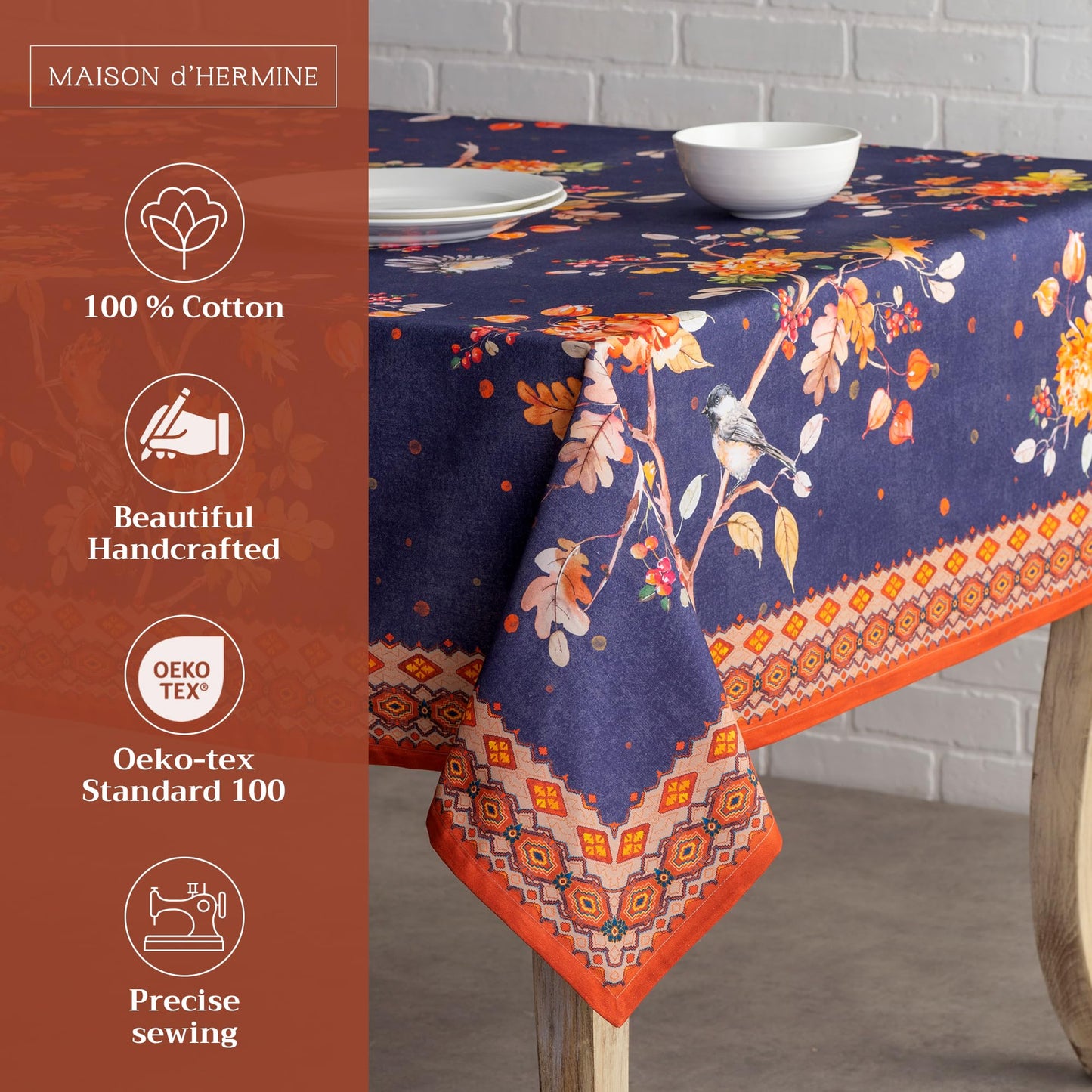 Maison d' Hermine Table Cloth Rectangle Table 100% Cotton 60 x 120 Inches Fall Tablecloth Reusable Everyday Use for Thanksgiving Christmas Decorations Dining Farmhouse Party (Kelim - Infinity)