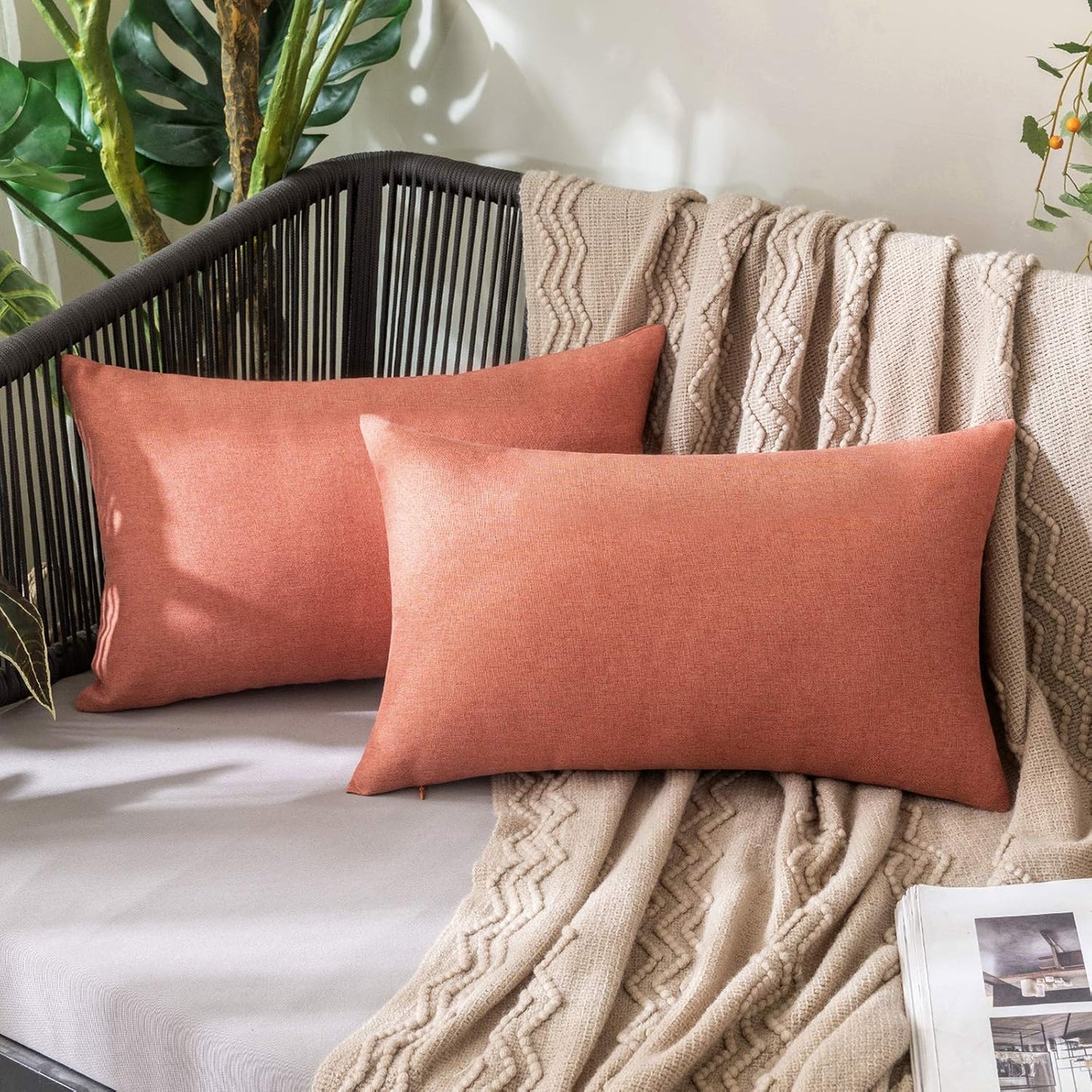 MIULEE Decorative Outdoor Throw Pillow Covers - Waterproof Faux Linen Cushion Cases | 20x12 Inch Coral Red (Pack of 2)