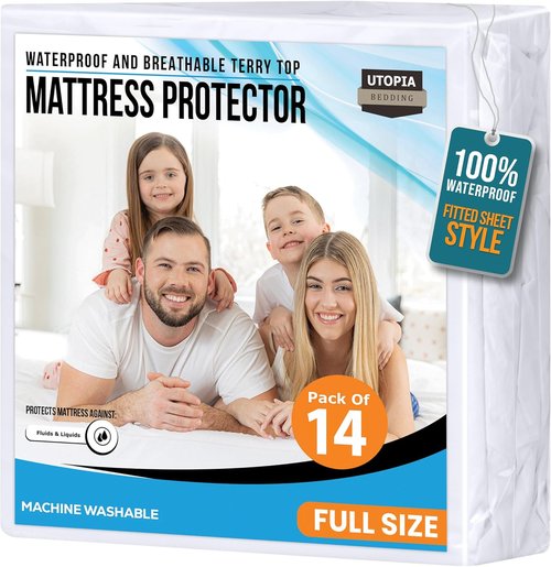 Full Size Mattress Protector Waterproof 14 Pack, Premium 200 GSM Terry Mattress Cover, Soft & Breathable Bed Cover, Fitted Sheet Style Stretchable Deep Pockets 15" by Utopia Bedding (White)