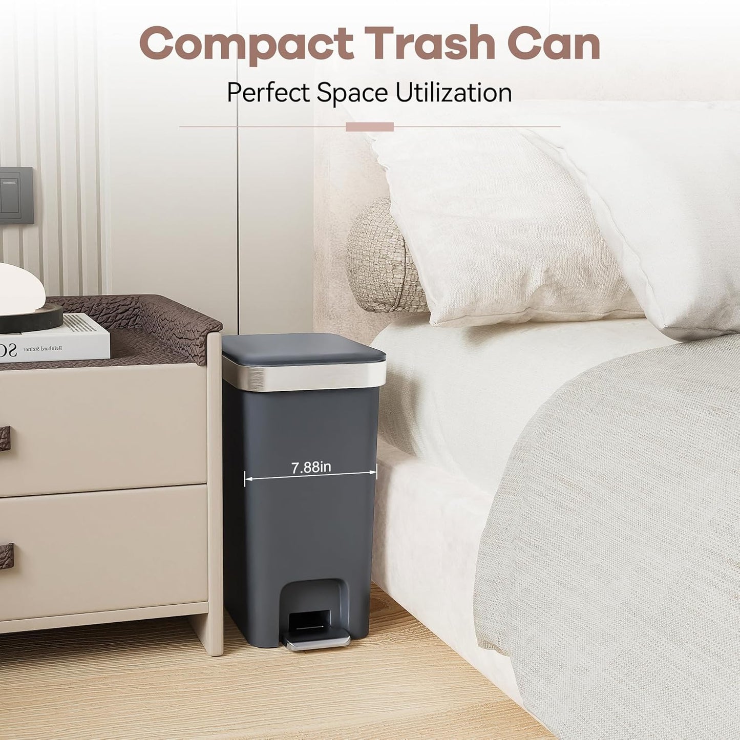 Skiennix Small Bathroom Trash Can - Soft Close Lid, 10L Slim Metal Waste Basket | Dark Gray