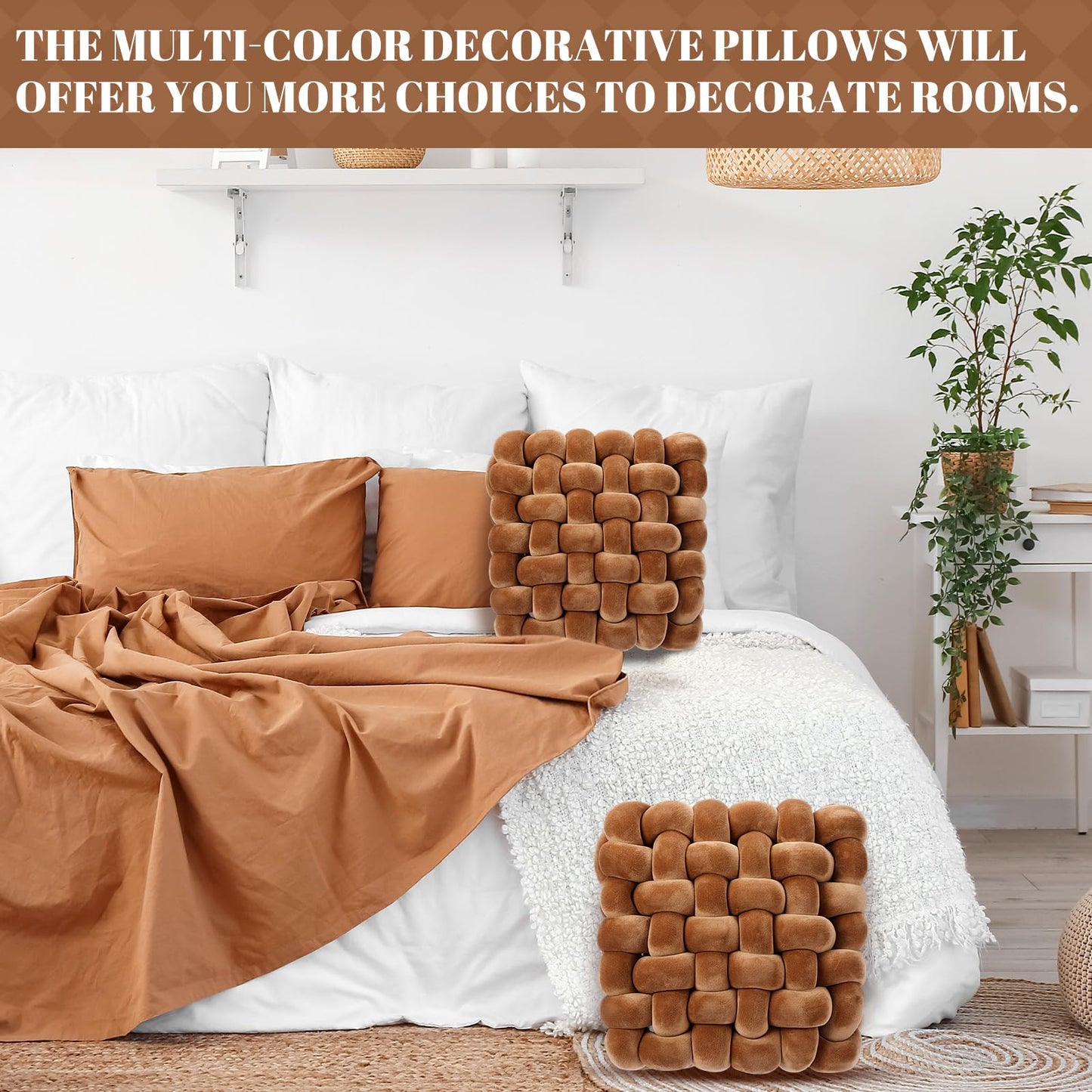 Wenqik 2 Pcs Knot Pillows Square Knotted Plush Throws Soft Accent Pillows Decoration Cushion for Couch Home Office Living Room Bedroom Bed Sofa Decor, 12'' x 13''(Brown,Crystal Velvet)