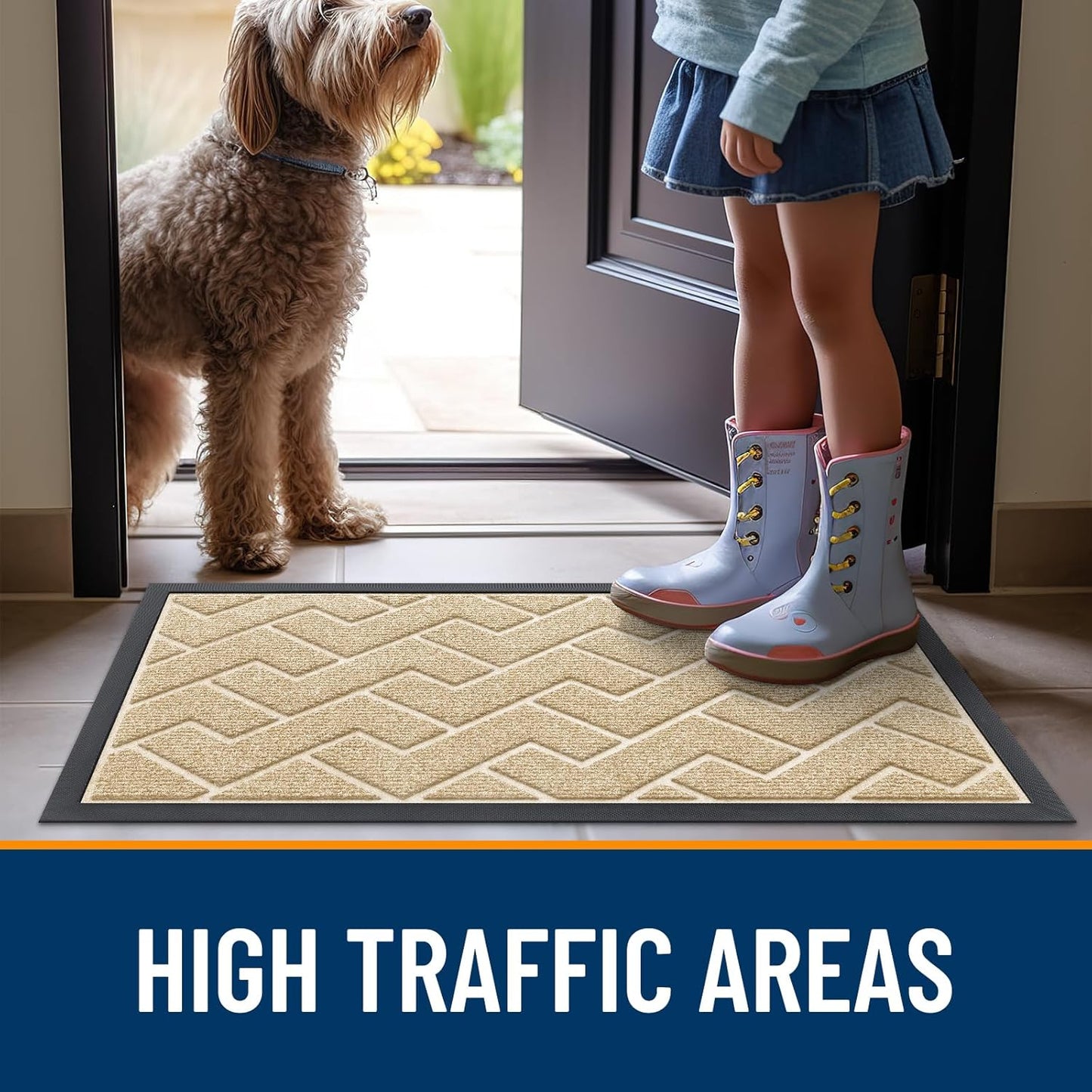 OLANLY Waterproof Front Door Mat - All-Season Herringbone Design | Easy Clean Natural Rubber, 36x24 Beige