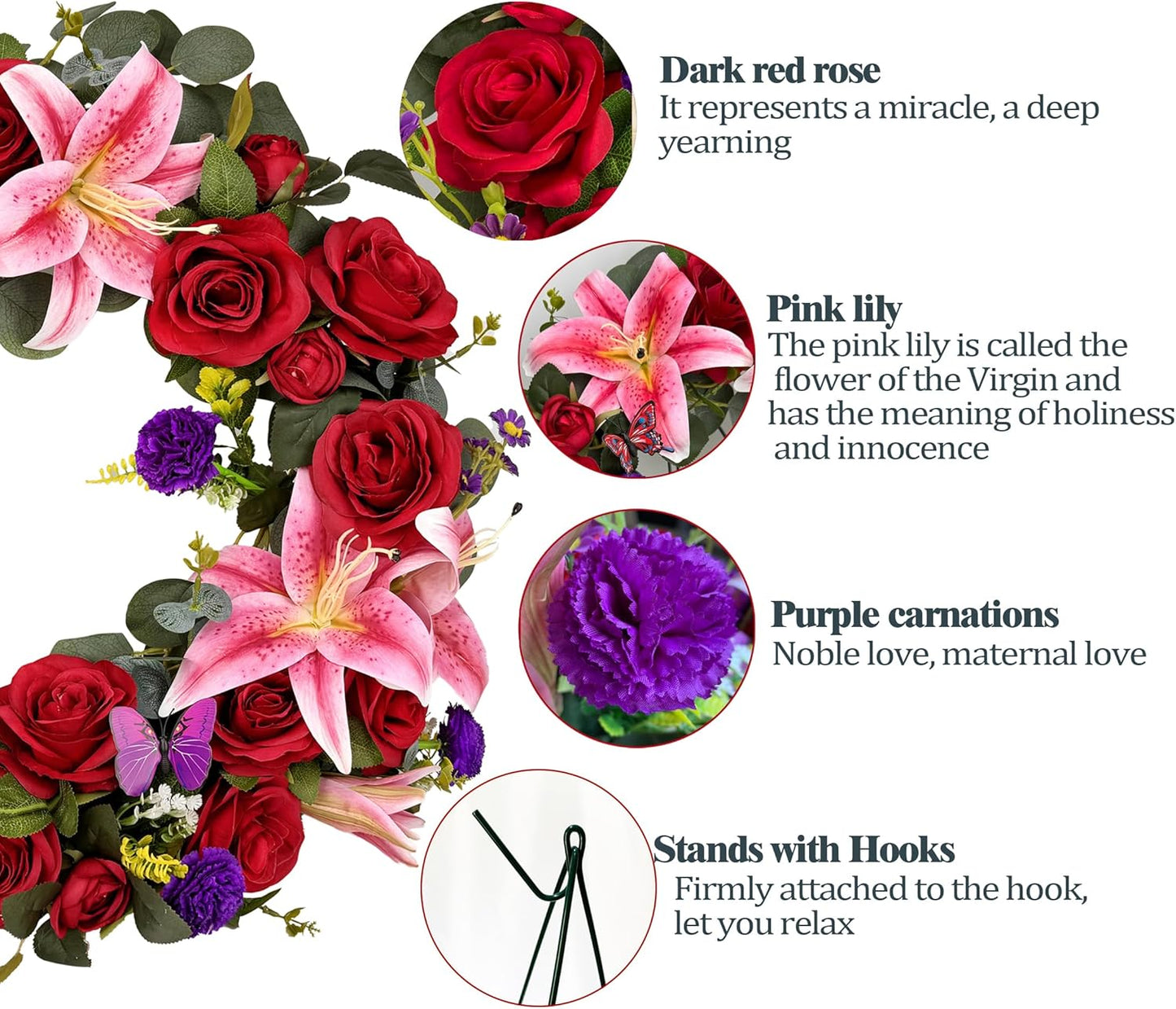 Regine Switzerland Cemetery Wreath - Handmade Floral Arrangement with 30-Inch Easel Stand | Red & Pink Roses, Lilies, Daisies, Carnations