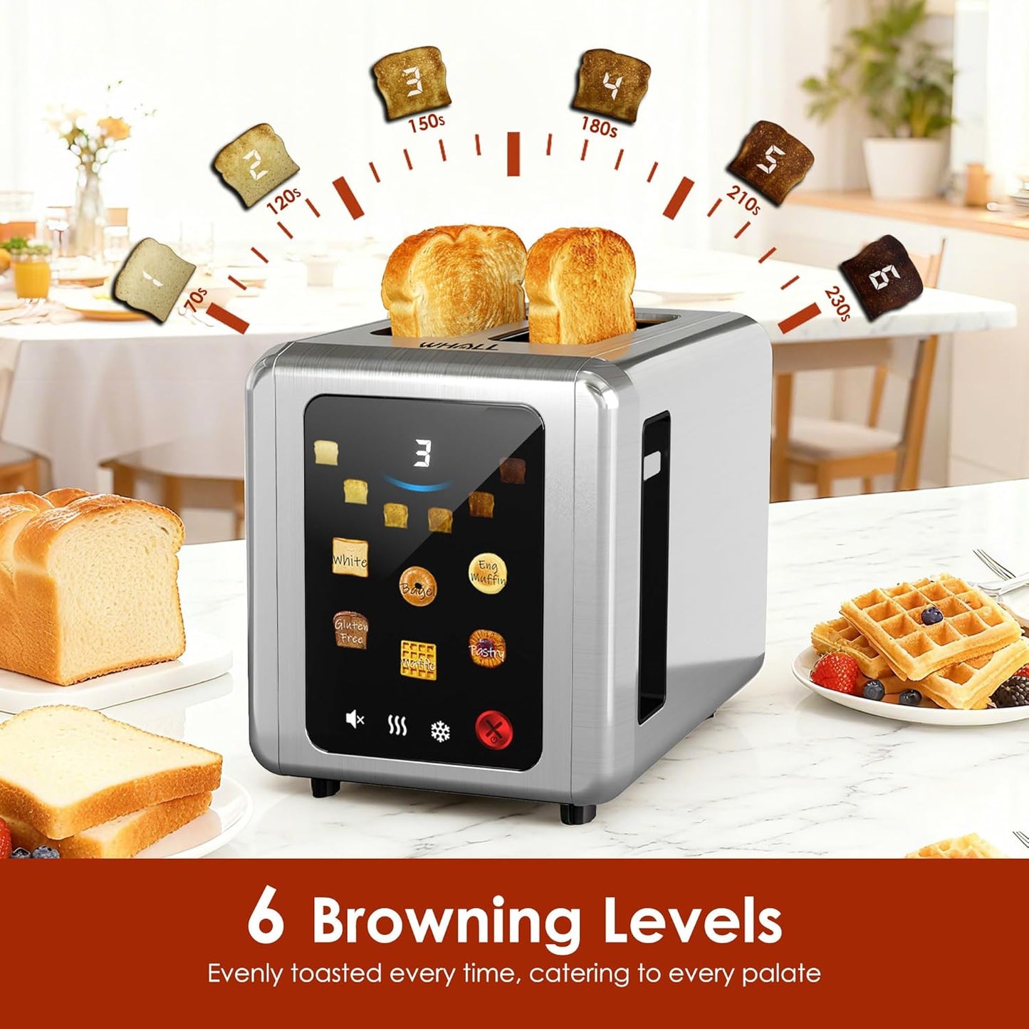 WHALL 2-Slice Stainless Steel Toaster - Full Touch Screen, Digital Timer, 6 Bread Types & Shade Settings, Silver