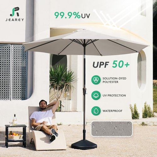 JEAREY 9FT Outdoor Patio Umbrella - Push Button Tilt & Crank | UV Protection, Waterproof, Fog Gray