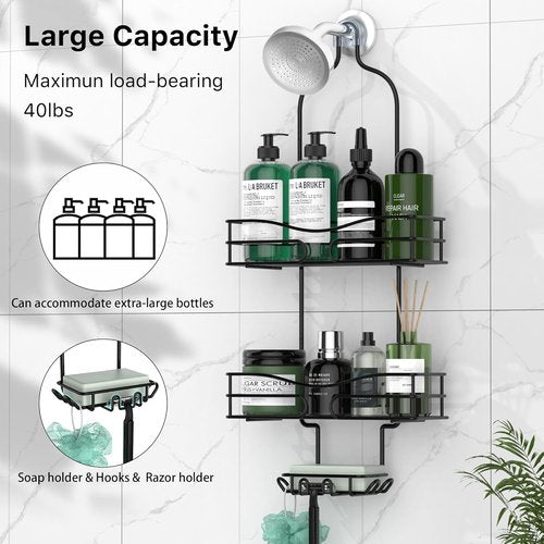 DAOYA Bathroom Shower Caddy - 3-Tier Organizer with Soap Holder & 6 Hooks | Fits 21mm Shower Head Arm, Black
