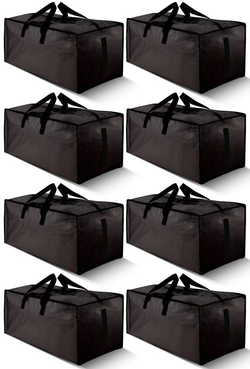 HOMESURE 8 Pack Large Strong Bags with Zippers & Carrying Handles - Water-Resistant - Heavy Duty Storage Tote for Space Saving, Fold Flat, Alternative to Moving Box (Black)