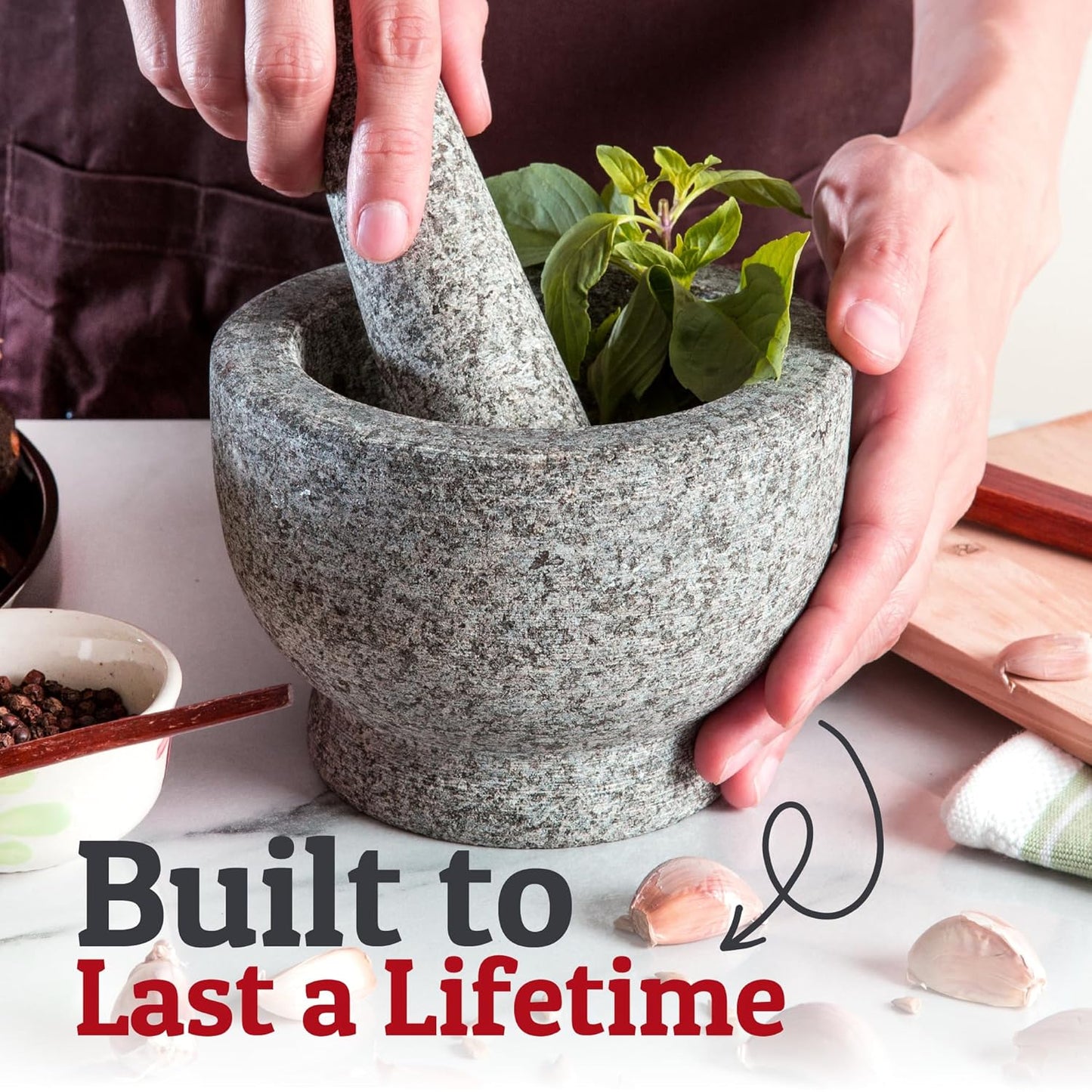 PriorityChef Large Mortar and Pestle Set - Heavy Duty Natural Granite for Fresh Guacamole | 2 Cup Unpolished Grey