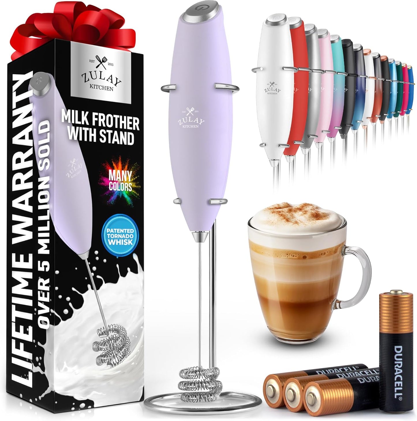 Zulay Kitchen Tornado Triple Whisk Milk Frother - Handheld Foam Maker for Coffee & Lattes - Lilac Color with 4 Duracell Batteries