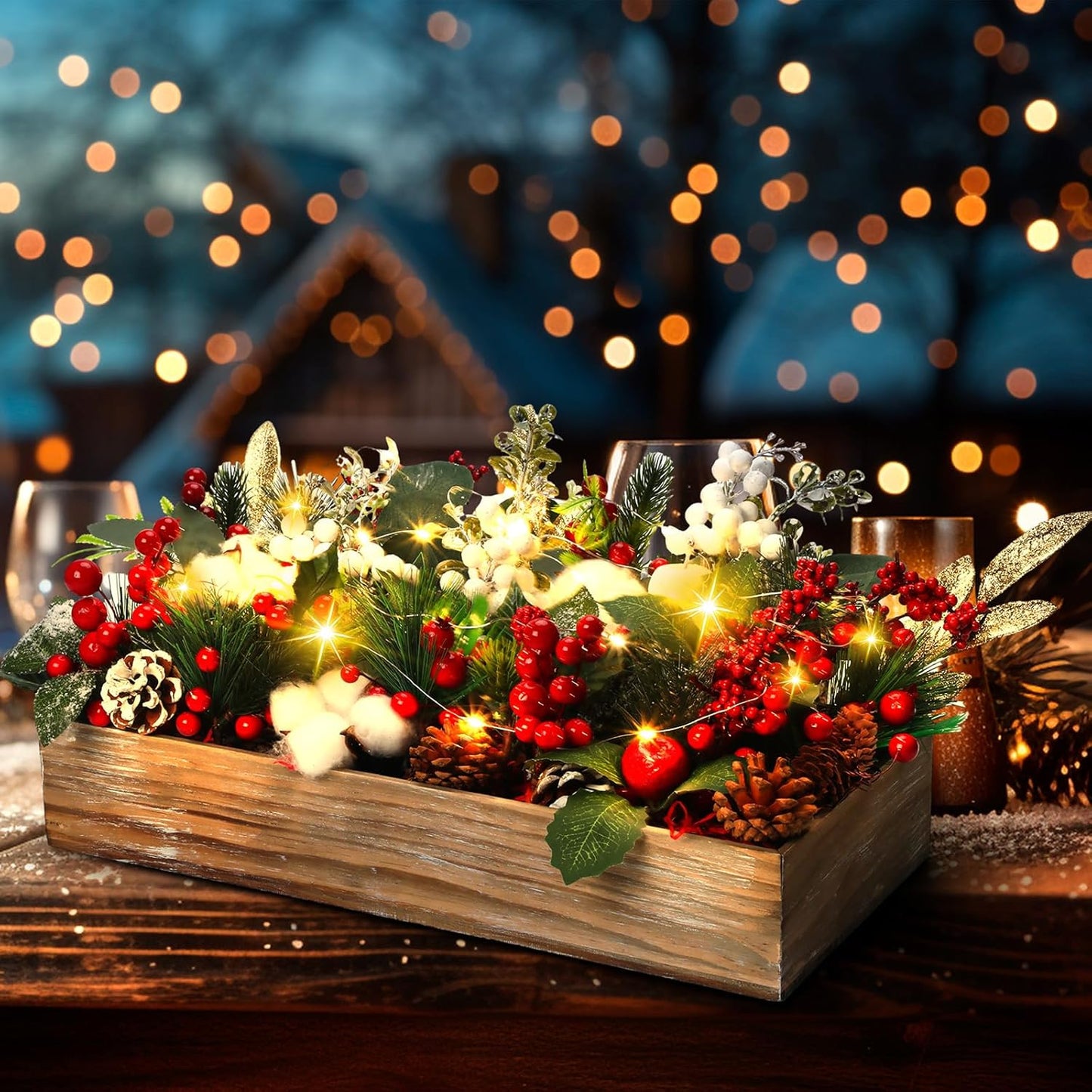 Leinuosen Christmas Table Centerpieces - 30 Pcs Floral Berry Rattan Garland with LED Lights