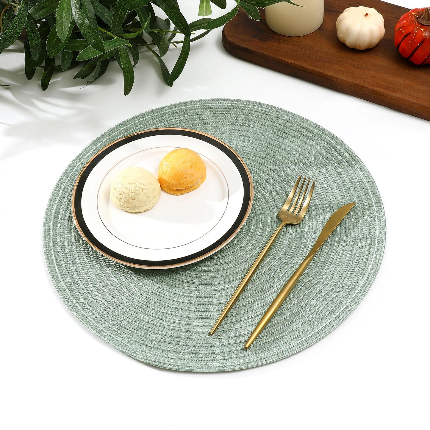 SHACOS Round Placemats Set of 4 Woven Braided Table Placemats 15 inch Cotton Polyester Place Mats Washable Table Mats Indoor Outdoor, Sage Green