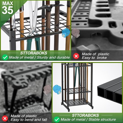 Garden Tool Organizer - Heavy Duty Steel Yard Tool Tower Rack for Up to 35 Long-Handled Tools | Black
