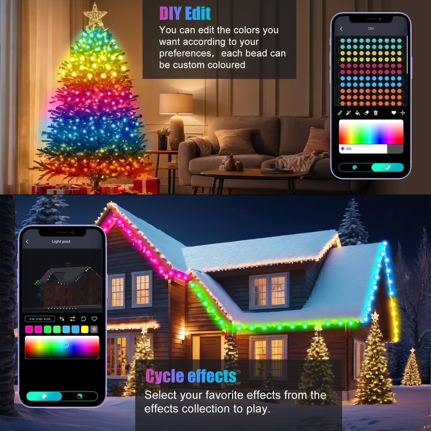 Electight Fairy Lights 66FT/20M, [APP & Remote Control] 200 LEDs RGB Smart IC Multicolor String Lights Indoor, Music/Voice Sync Color Changing, IP65 Waterproof String Lights for Bedroom, Party, DIY