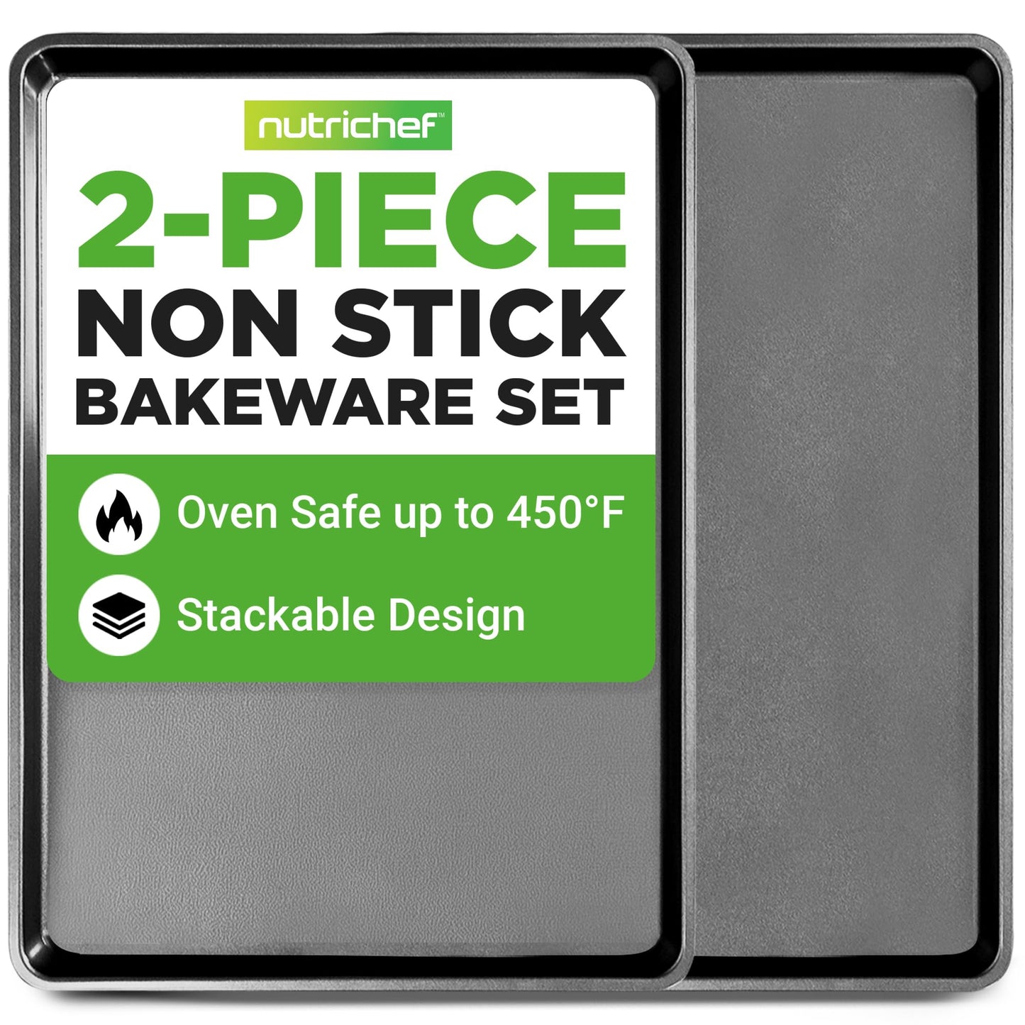 NutriChef 2-Piece XL Mega Cookie Sheet Baking Pans Set - 22" x 16" Extra Large Nonstick Carbon Steel Oven Baking Tray Pans, Stackable Bakeware, Black - NCLGBP16