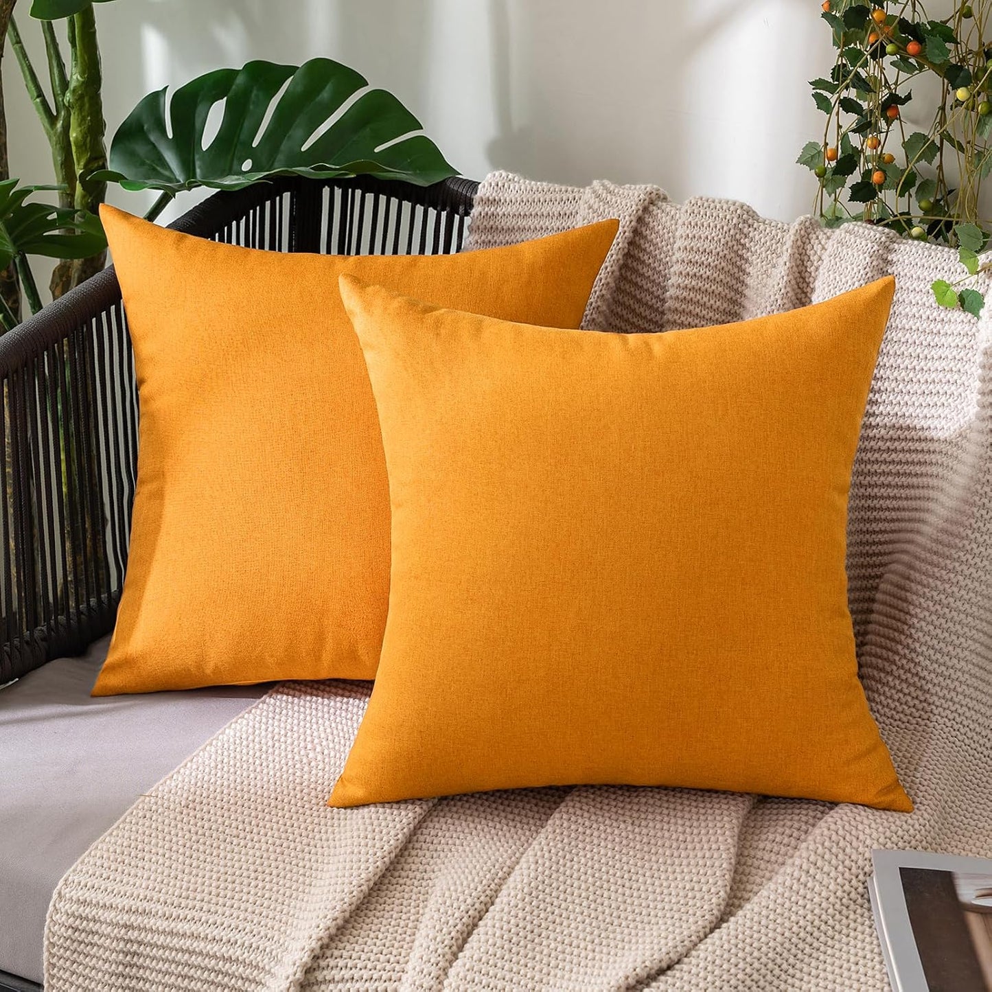 MIULEE Decorative Outdoor Throw Pillow Covers - Waterproof Faux Linen Cushion Cases | 20x20 Inch, Pumpkin Orange (Pack of 2)