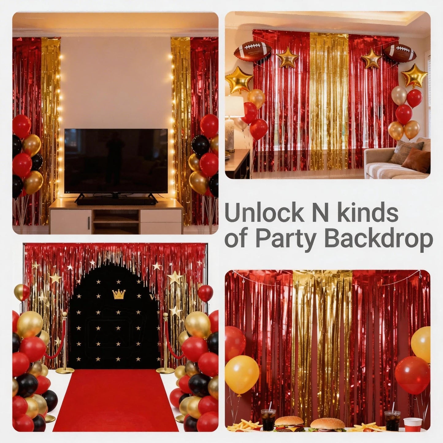 3 Packs Red Gold Foil Fringe Curtains Extra Wide 9.9ft for Birthday Party Tinsel Backdrop Movie Night Decor Farewell Party Streamer,Retirement Decorations, Backdrop for Graduations Each 3.3 x 6.5 ft